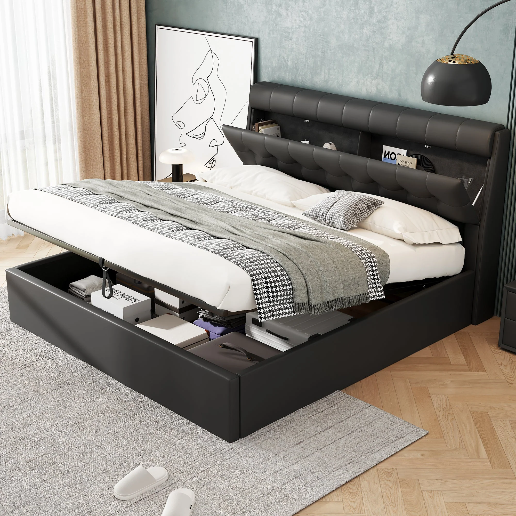 Upholstered Bed 160x200cm Hydraulic Storage Headboard Slatted Base PU - Black - Image 2