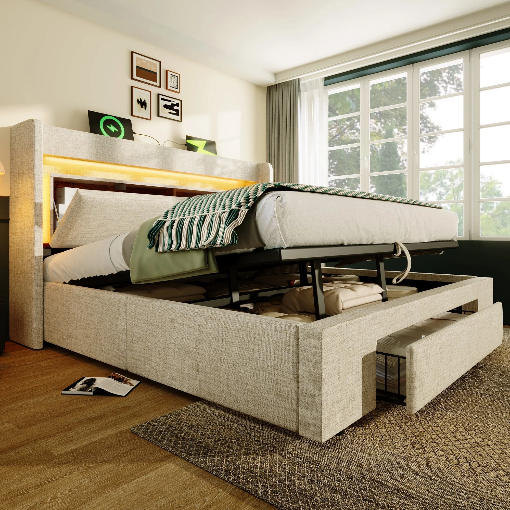 Upholstered Bed 160x200cm Hydraulic Storage Headboard Storage LED USB/Type-C Beige Linen - Image 10