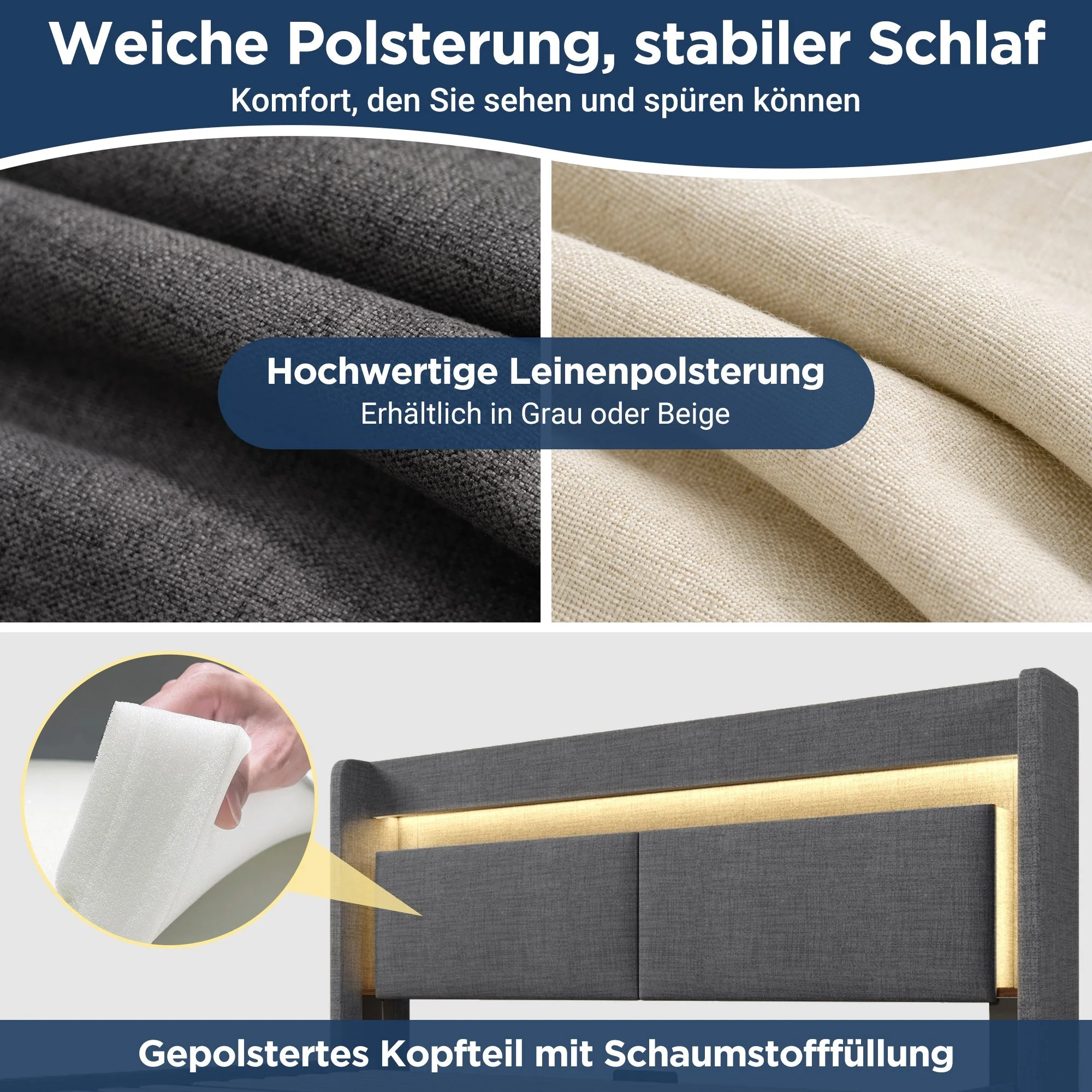 Upholstered Bed 160x200cm Hydraulic Storage Headboard Storage LED USB/Type-C - Linen Grey - Image 5