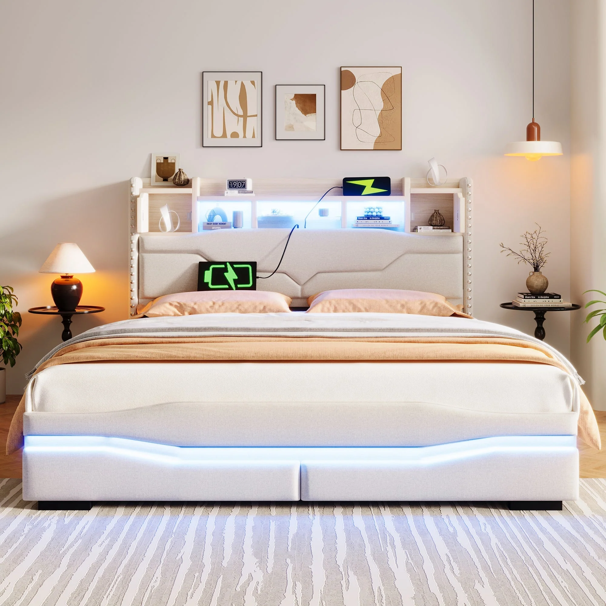 Upholstered Bed 160x200cm Hydraulic Storage Headboard with USB-C & LED Lights Beige - Image 4