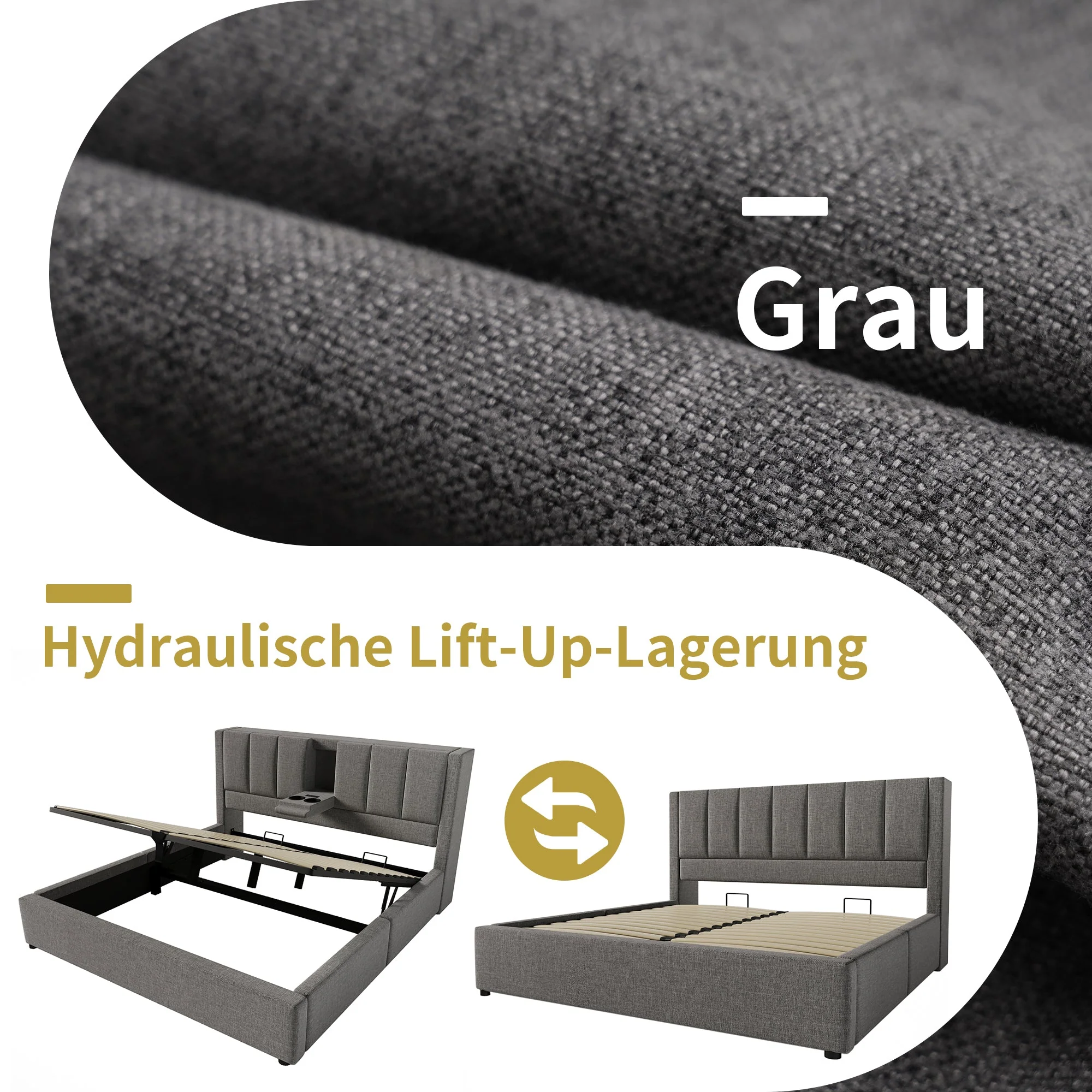 Upholstered Bed 160x200cm Hydraulic Storage Hidden Cup Holder Charging Station Linen Grey - Image 4