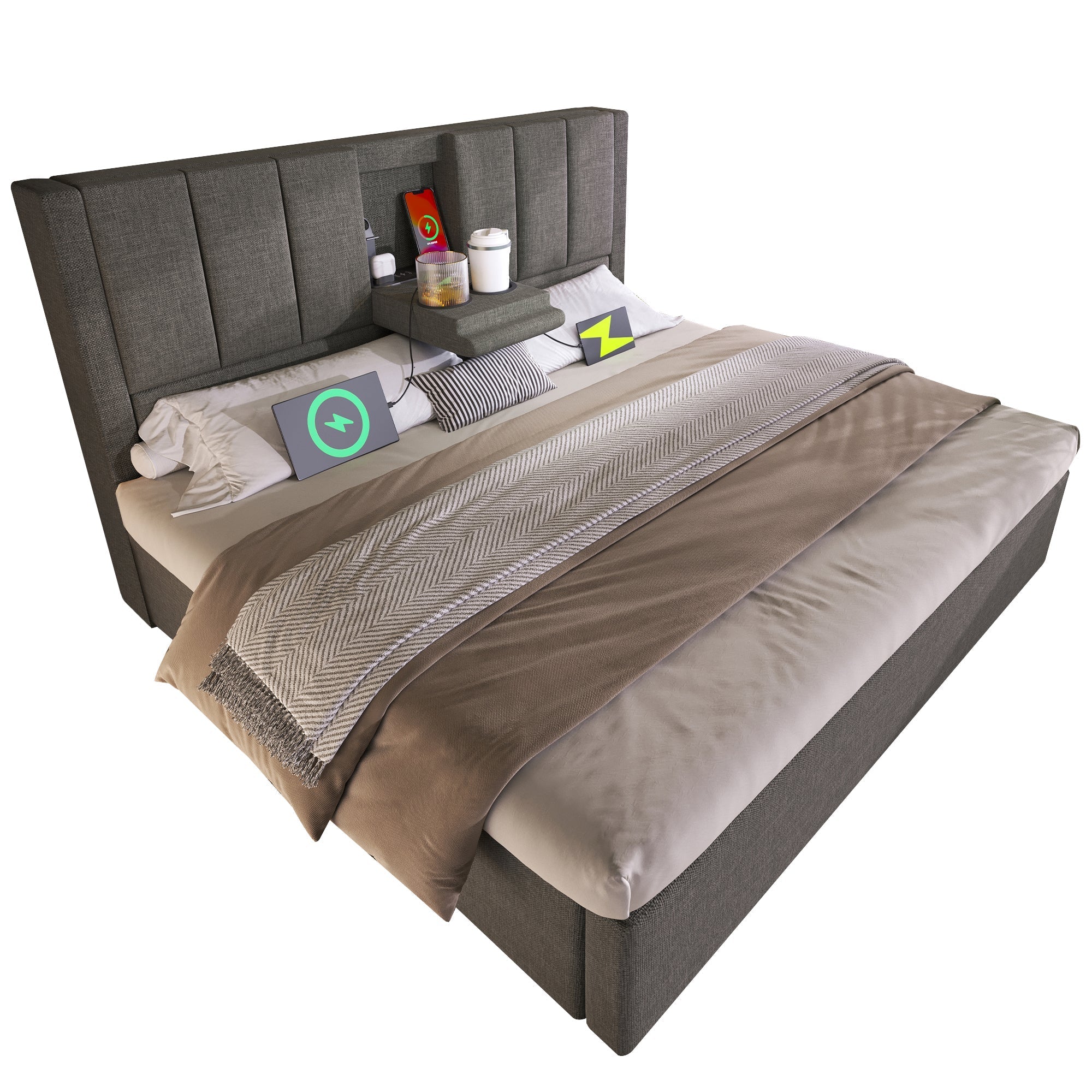 Upholstered Bed 160x200cm Hydraulic Storage Hidden Cup Holder Charging Station Linen Grey - Image 7