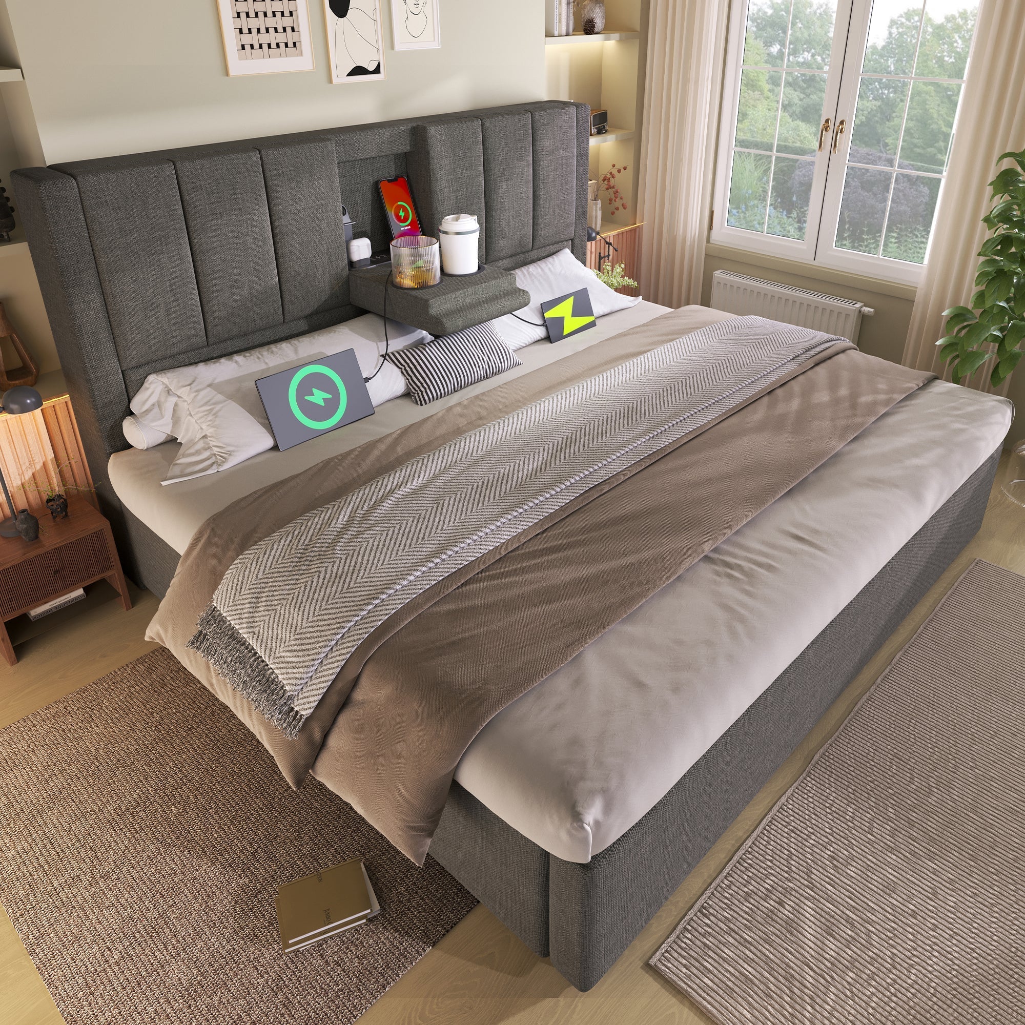 Upholstered Bed 160x200cm Hydraulic Storage Hidden Cup Holder Charging Station Linen Grey - Image 9