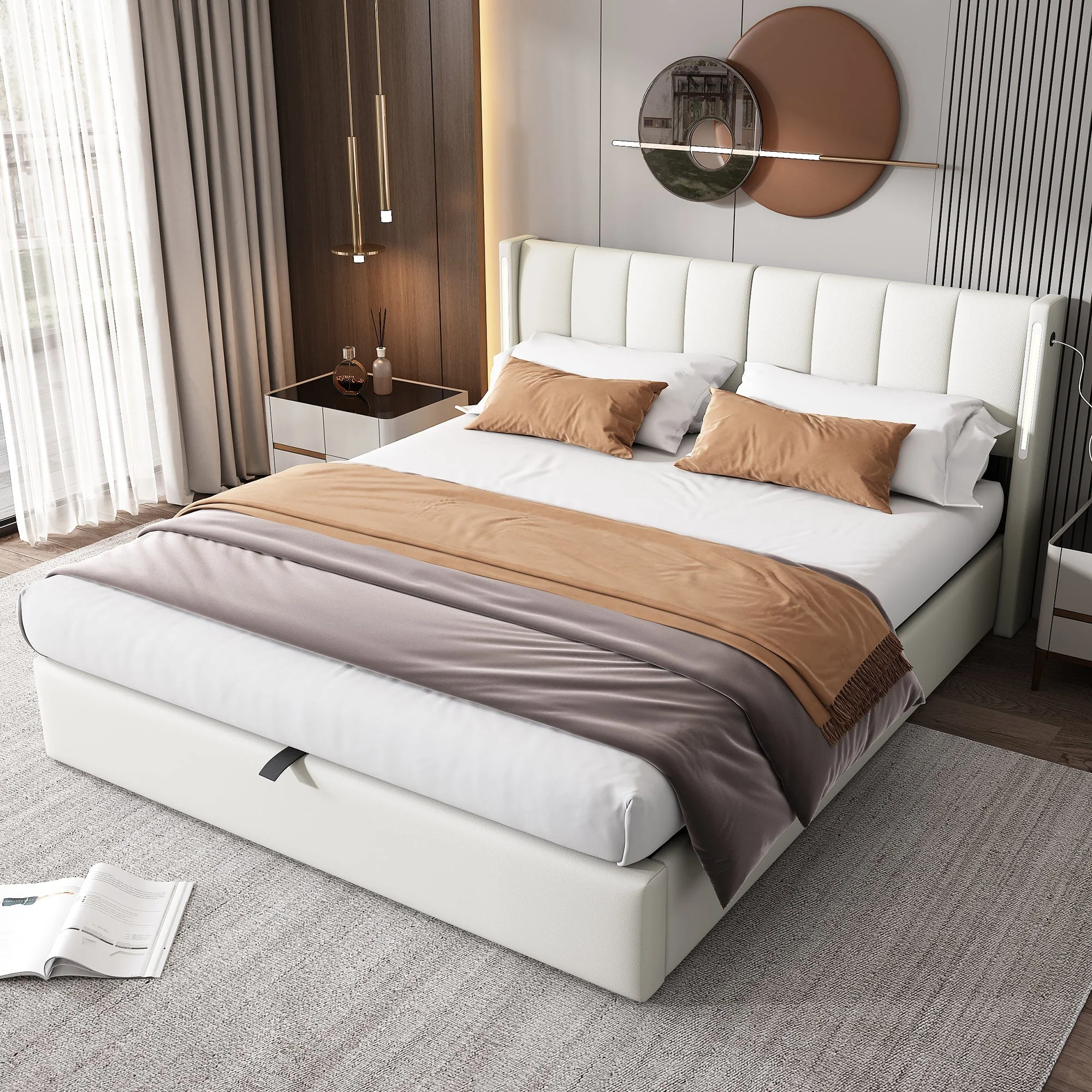 Upholstered Bed 160x200cm Hydraulic Storage LED USB Adjustable Headboard - White PU - Image 6