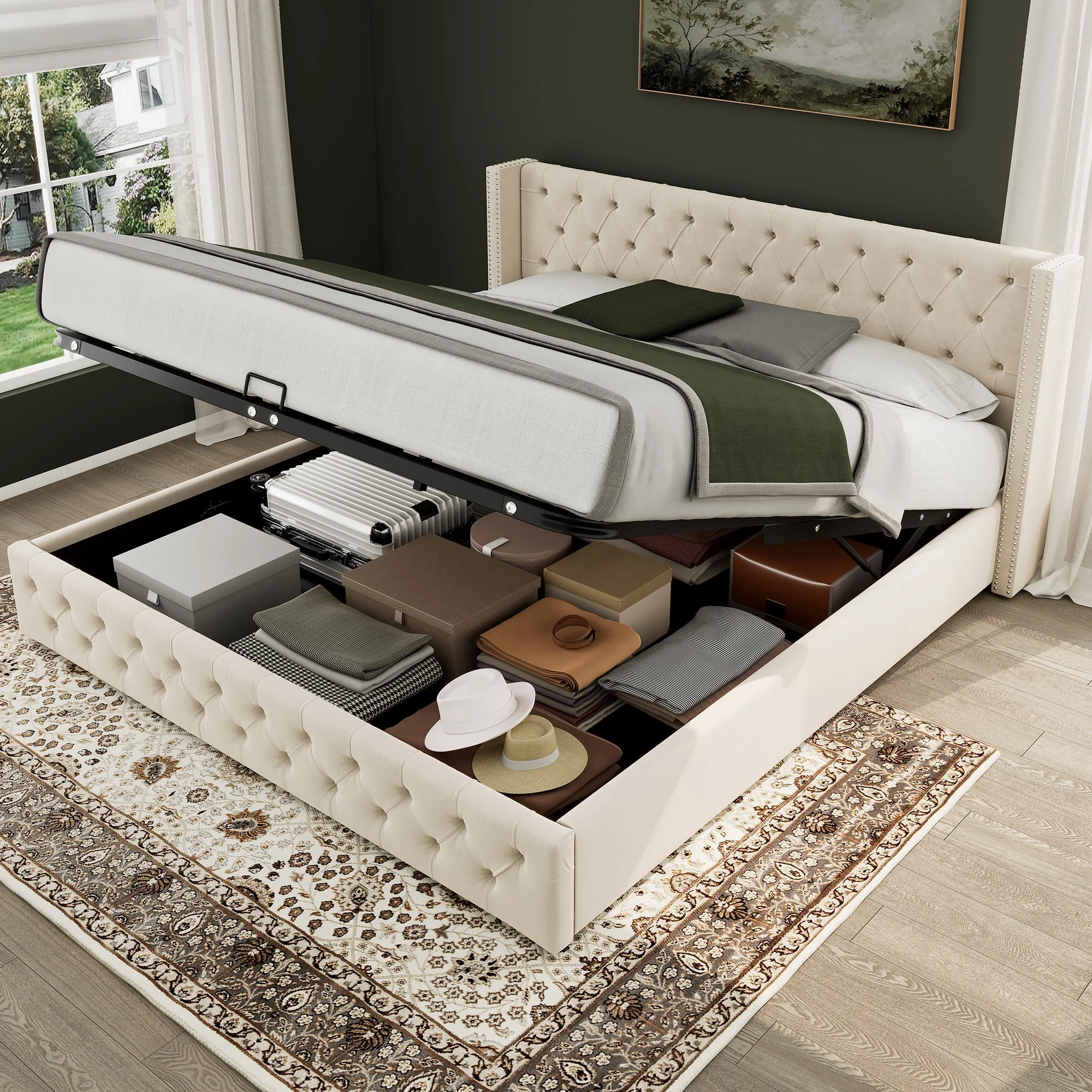 Upholstered Bed 160x200cm Hydraulic Storage Studs Ear Shape - Velvet Beige