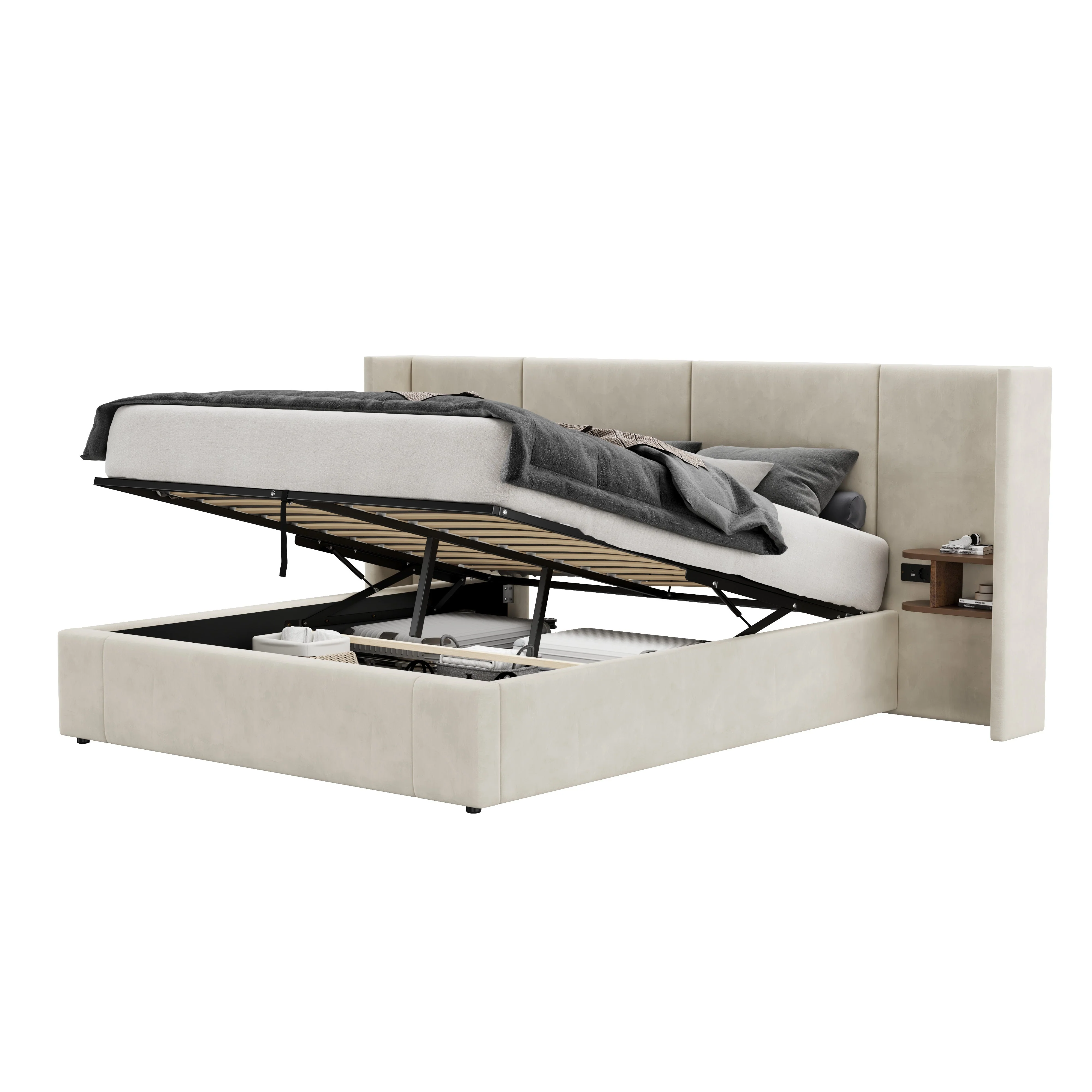 Upholstered Bed 160x200cm Hydraulic Storage USB Power Outlets 2 Bedside Tables Velvet Beige - Image 10