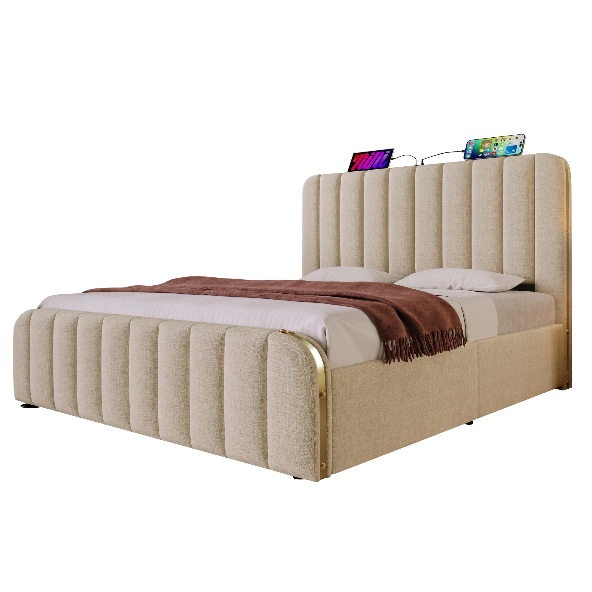 Upholstered Bed 160x200cm Hydraulic Storage USB Type-C Headboard, Beige Linen - Image 8