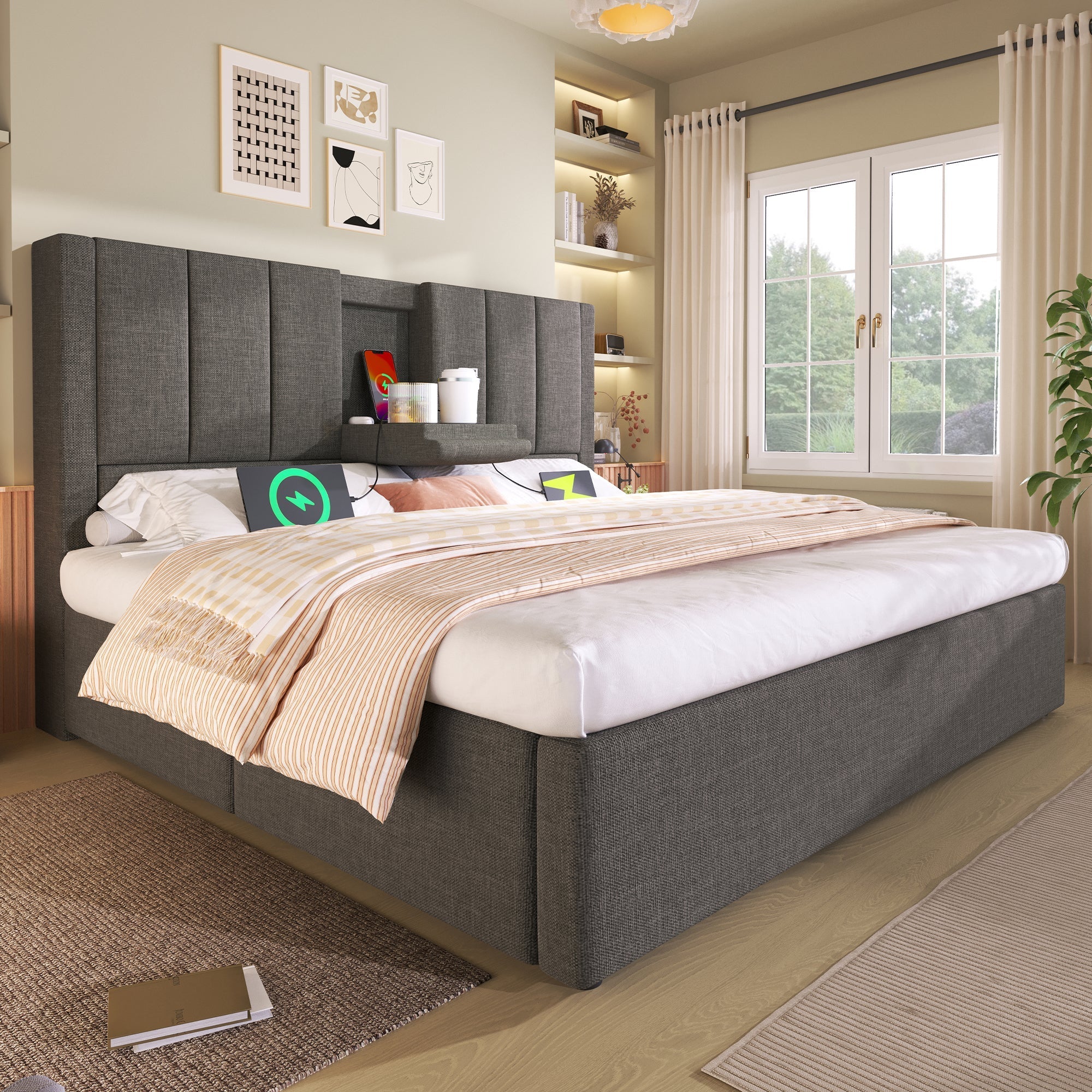 Upholstered Bed 160x200cm Hydraulic Storage with Hidden Cup Holder & Charging Station Linen Grey - Image 10