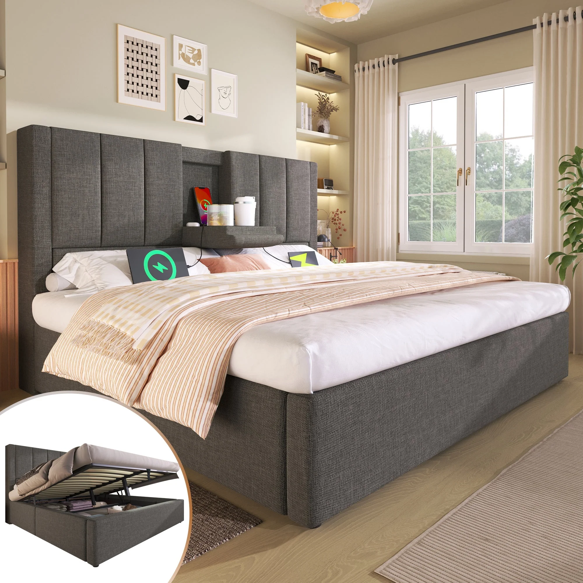 Upholstered Bed 160x200cm Hydraulic Storage with Hidden Cup Holder & Charging Station Linen Grey - Image 3