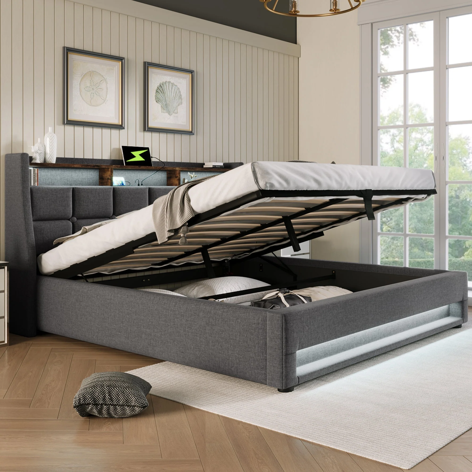 Upholstered Bed, 160x200cm LED Double Bed with USB, Metal Frame, Linen - Image 8
