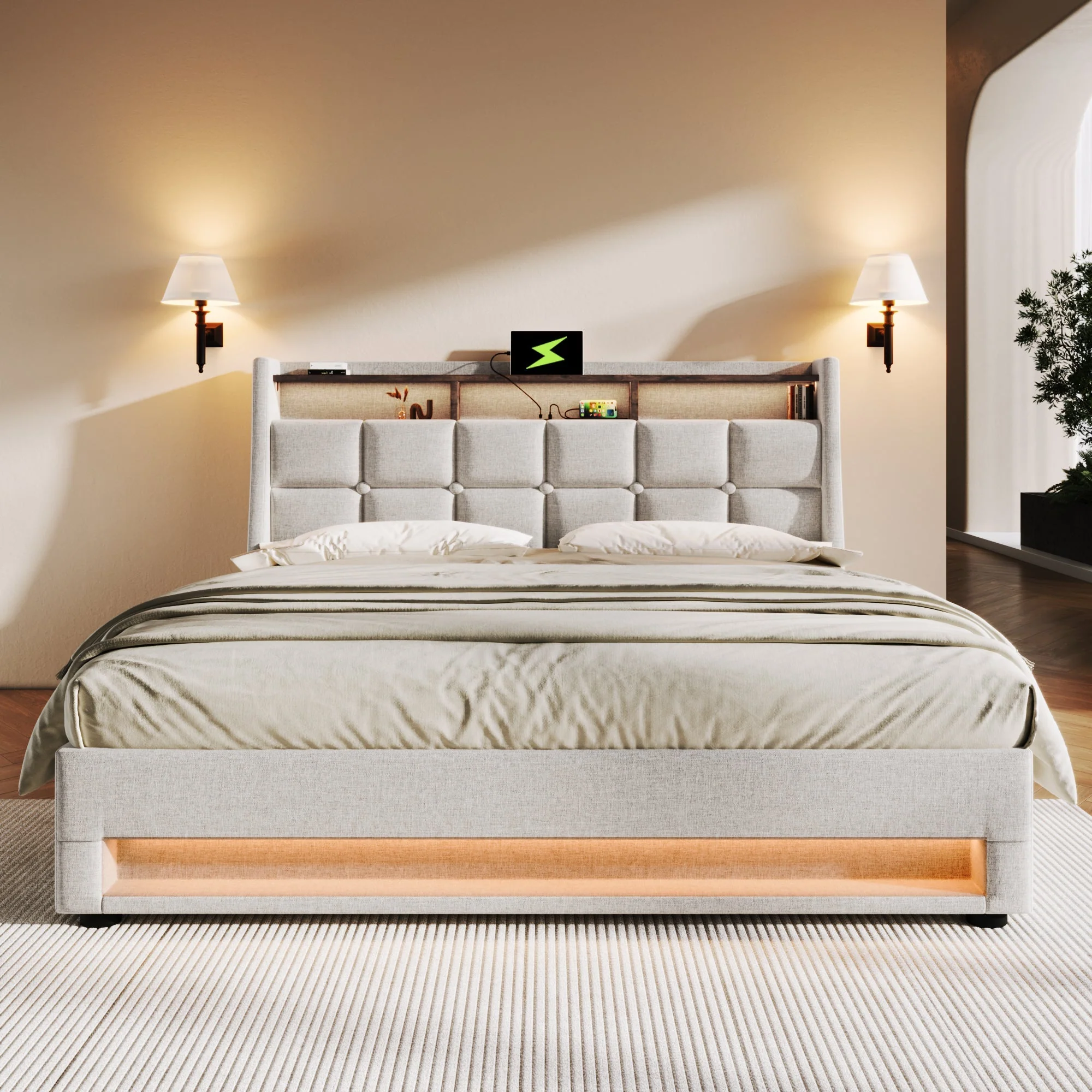 Upholstered Bed 160x200cm LED Double Bed with USB, Metal Frame, Linen Material - Image 3