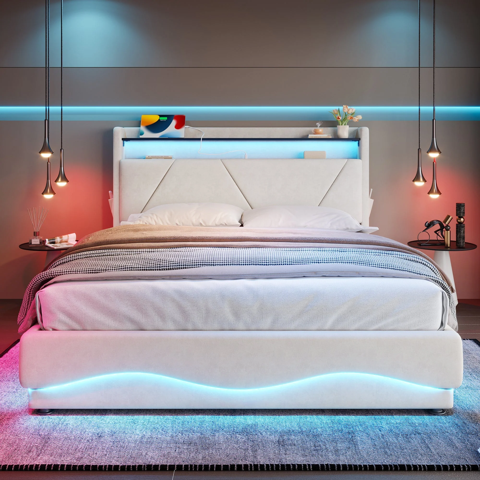 Upholstered Bed 160x200cm LED Headboard Storage USB Gas Lift - Image 5