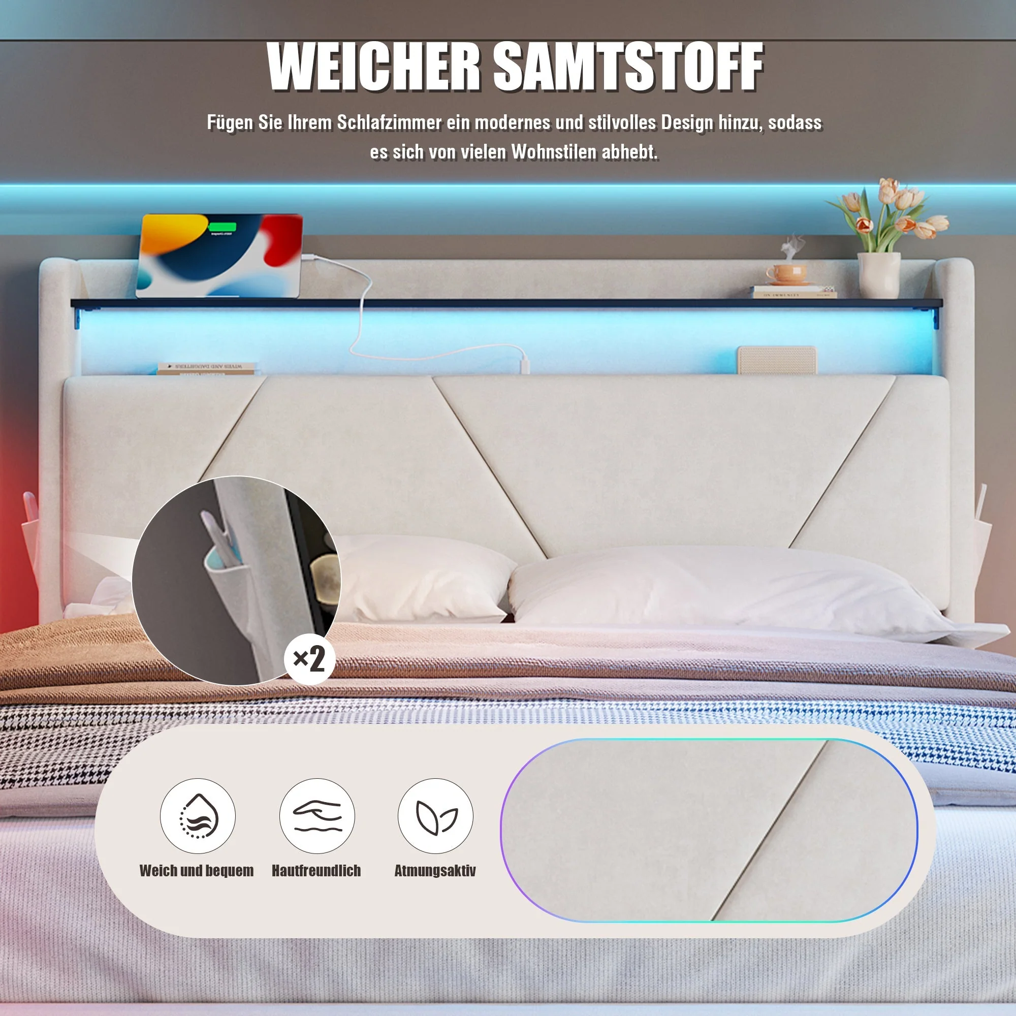 Upholstered Bed 160x200cm LED Headboard Storage USB Gas Lift - Image 6