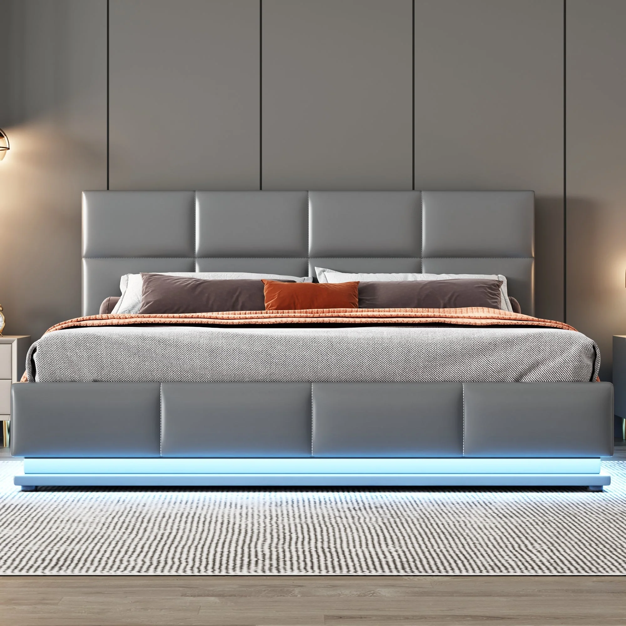 Upholstered Bed, 160x200cm, LED, Hydraulic Storage, Grey - Image 2