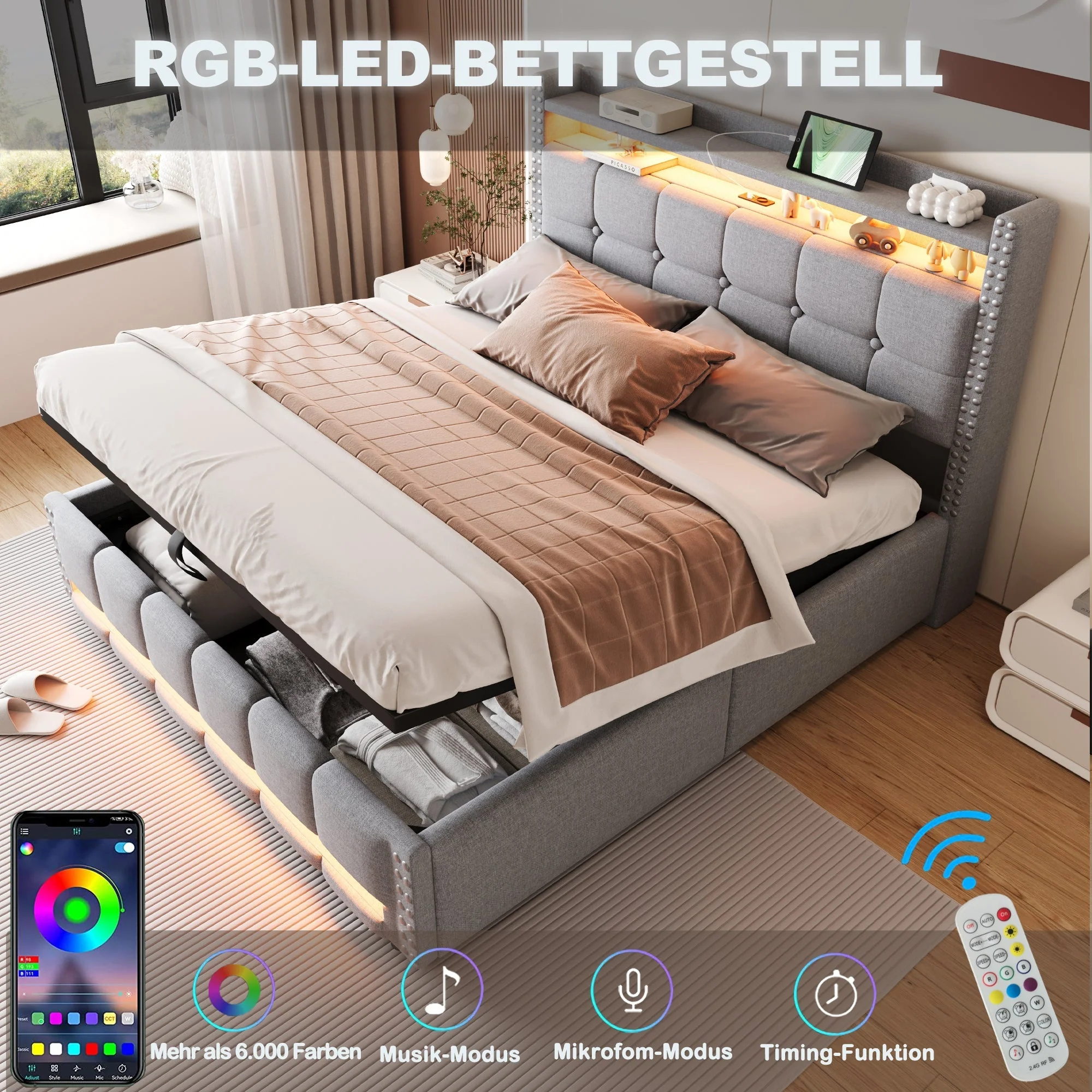Upholstered Bed 160x200cm LED USB Hydraulic Storage Light Grey Linen Fabric - Image 4
