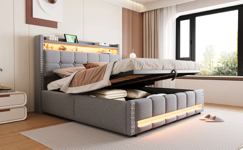 Upholstered Bed 160x200cm LED USB Hydraulic Storage Light Grey Linen Fabric - Image 7