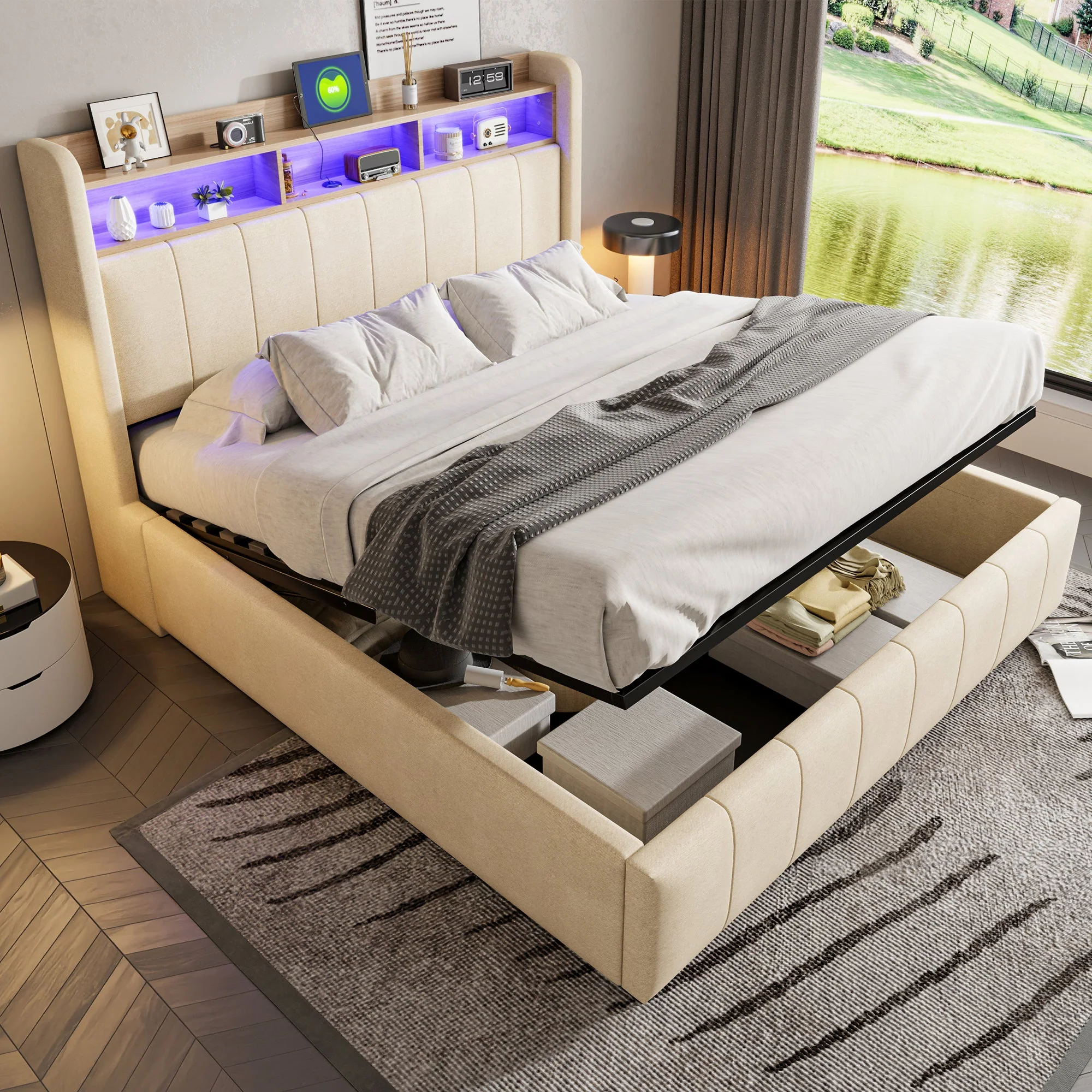 Upholstered Bed 160x200cm LED/USB, Storage, Hydraulic Lift, Beige Linen Fabric - Image 2
