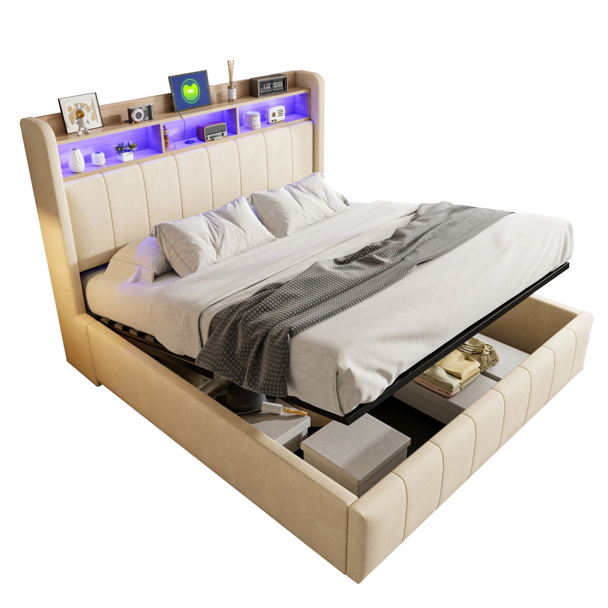 Upholstered Bed 160x200cm LED/USB, Storage, Hydraulic Lift, Beige Linen Fabric - Image 6