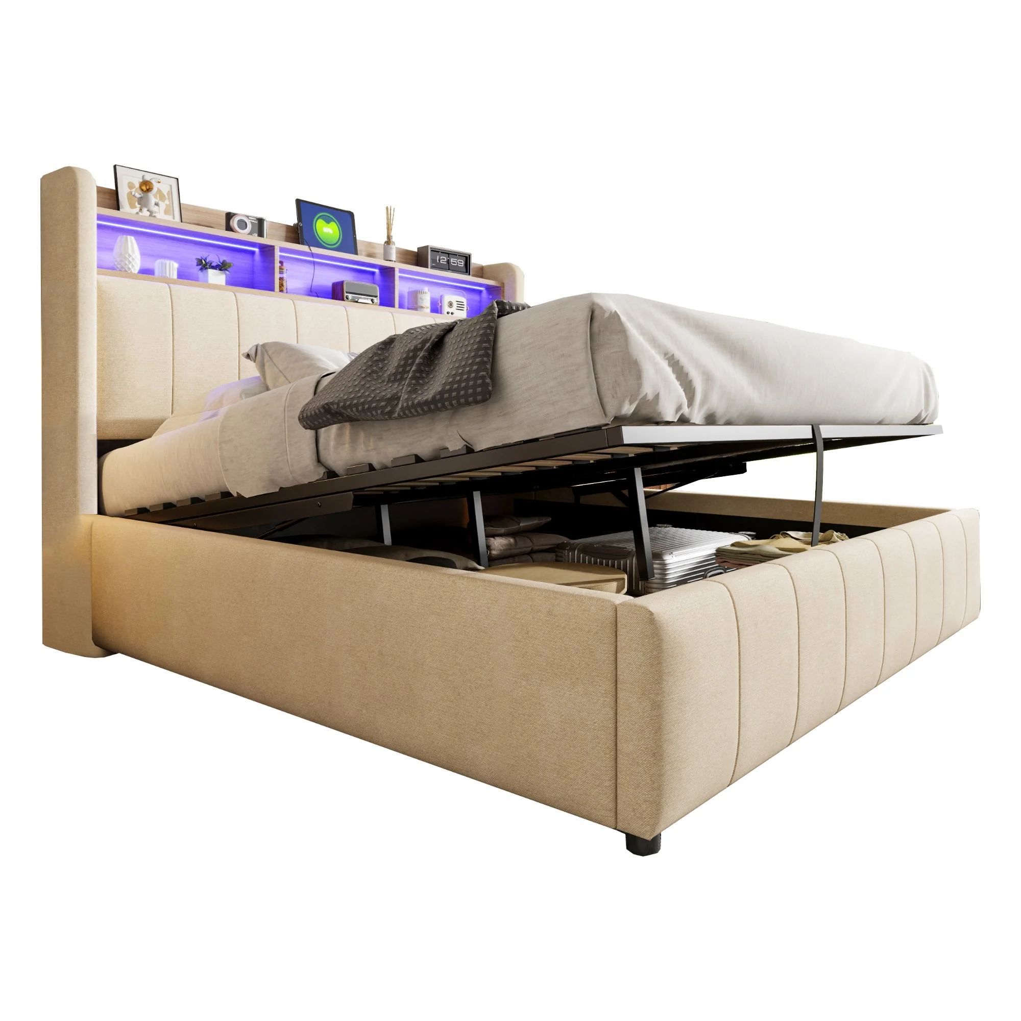 Upholstered Bed 160x200cm LED/USB, Storage, Hydraulic Lift, Beige Linen Fabric - Image 8