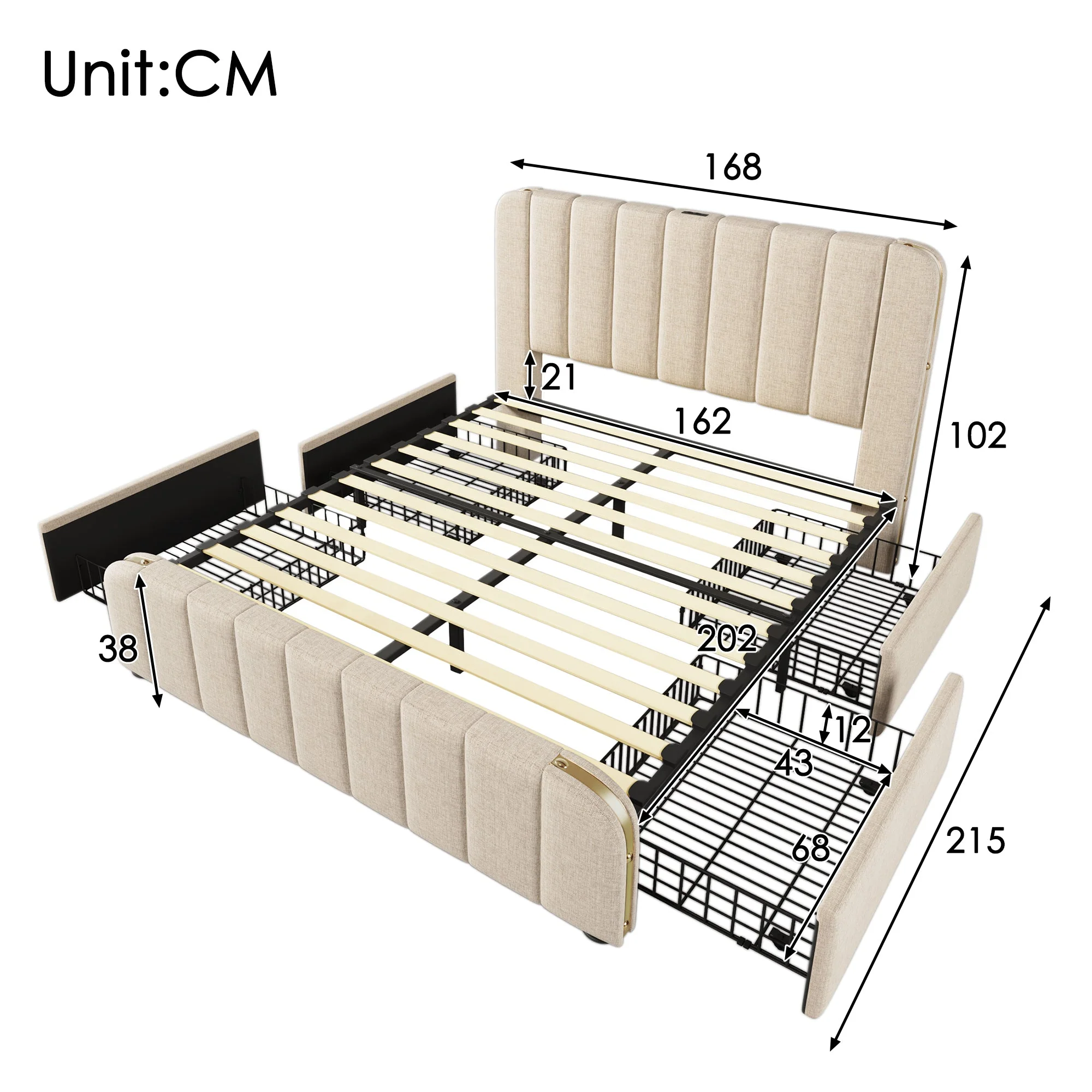 Upholstered Bed 160x200cm, Padded Headboard USB-C 4 Drawers, Beige Linen - Image 2