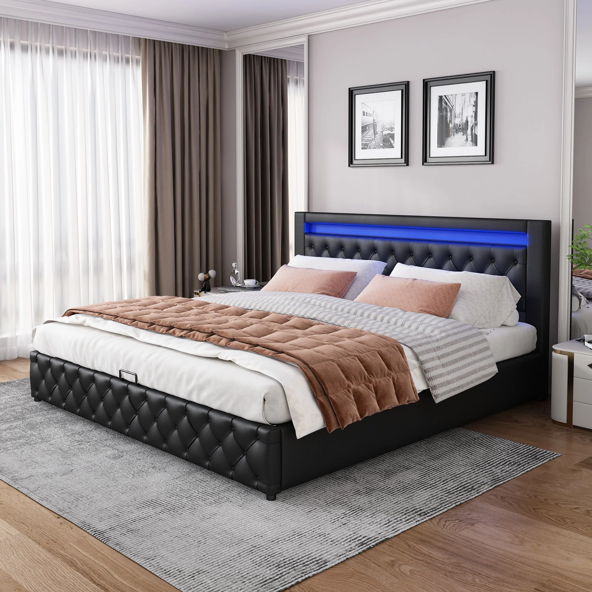 Upholstered Bed 160x200cm Storage LED Slatted Frame - Black PU - Image 5
