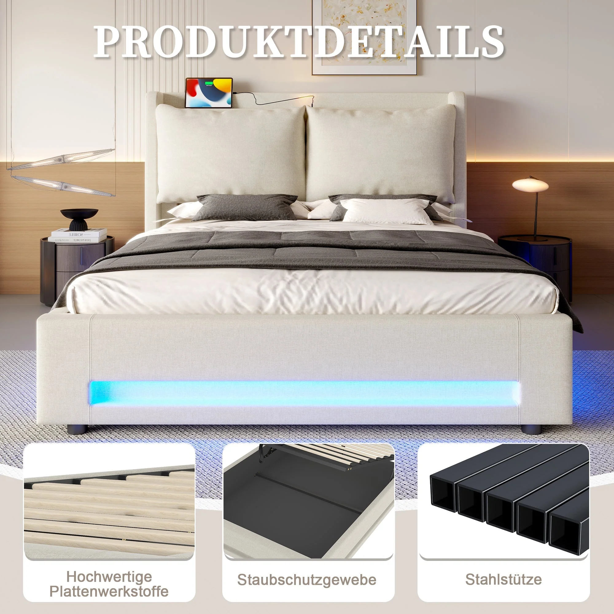 Upholstered Bed 160x200cm Storage Removable Cushion USB-C LED Light - Beige - Image 5