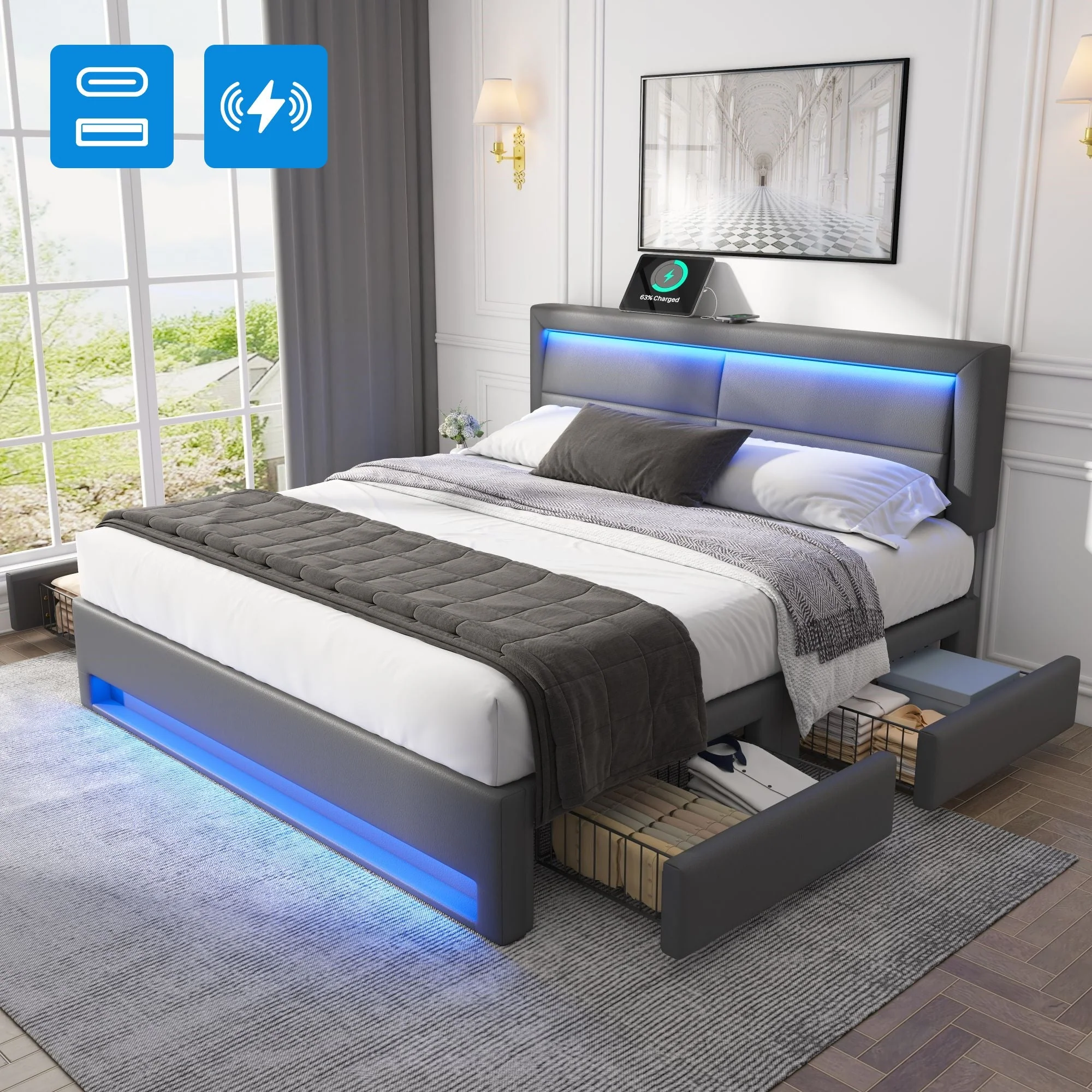 Upholstered Bed 160x200cm USB LED 4 Drawers - Grey PU