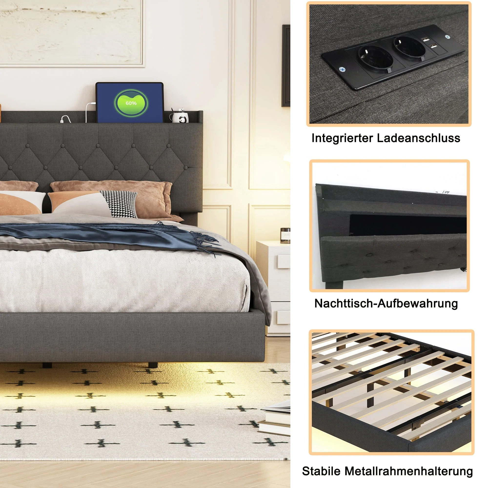 Upholstered Bed, 160x200cm, USB & LED, Linen Gray - Image 5