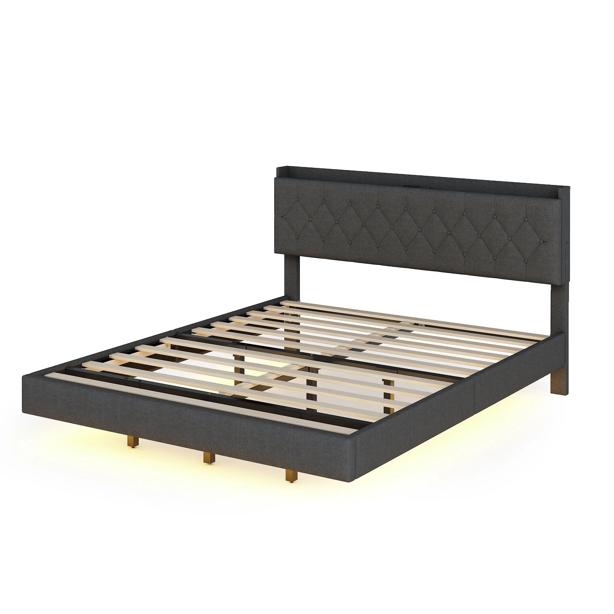 Upholstered Bed, 160x200cm, USB & LED, Linen Gray - Image 8