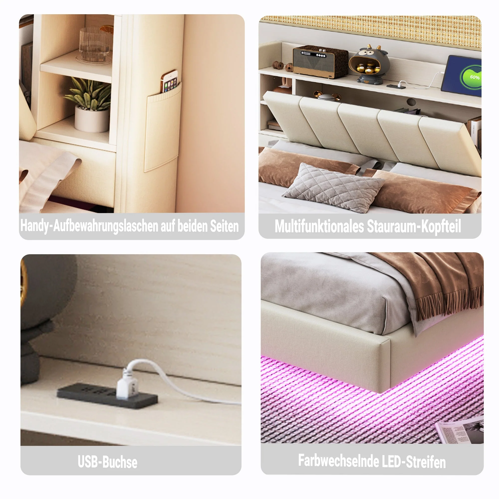 Upholstered Bed 160x200cm, USB Socket, LED Light, Reversible Headboard Storage, Linen Beige - Image 7