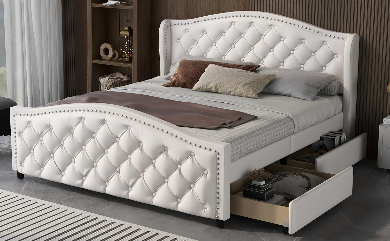Upholstered Bed 160x200cm with 2 Drawers Rivet Headboard - White Faux Leather - Image 4