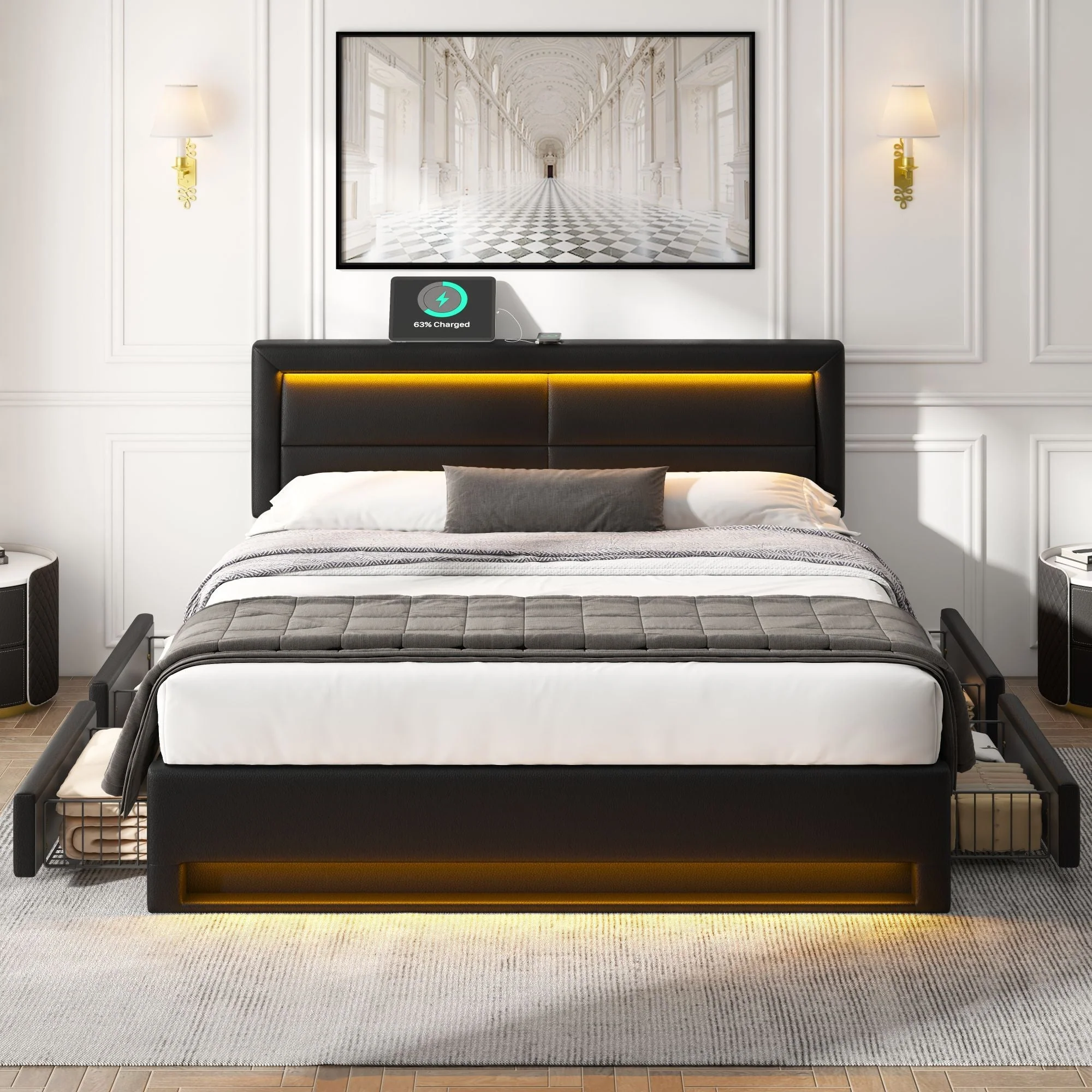 Upholstered Bed 160x200cm with USB Charging, LED Lighting and 4 Drawers, Black PU Lychee Pattern - Image 3