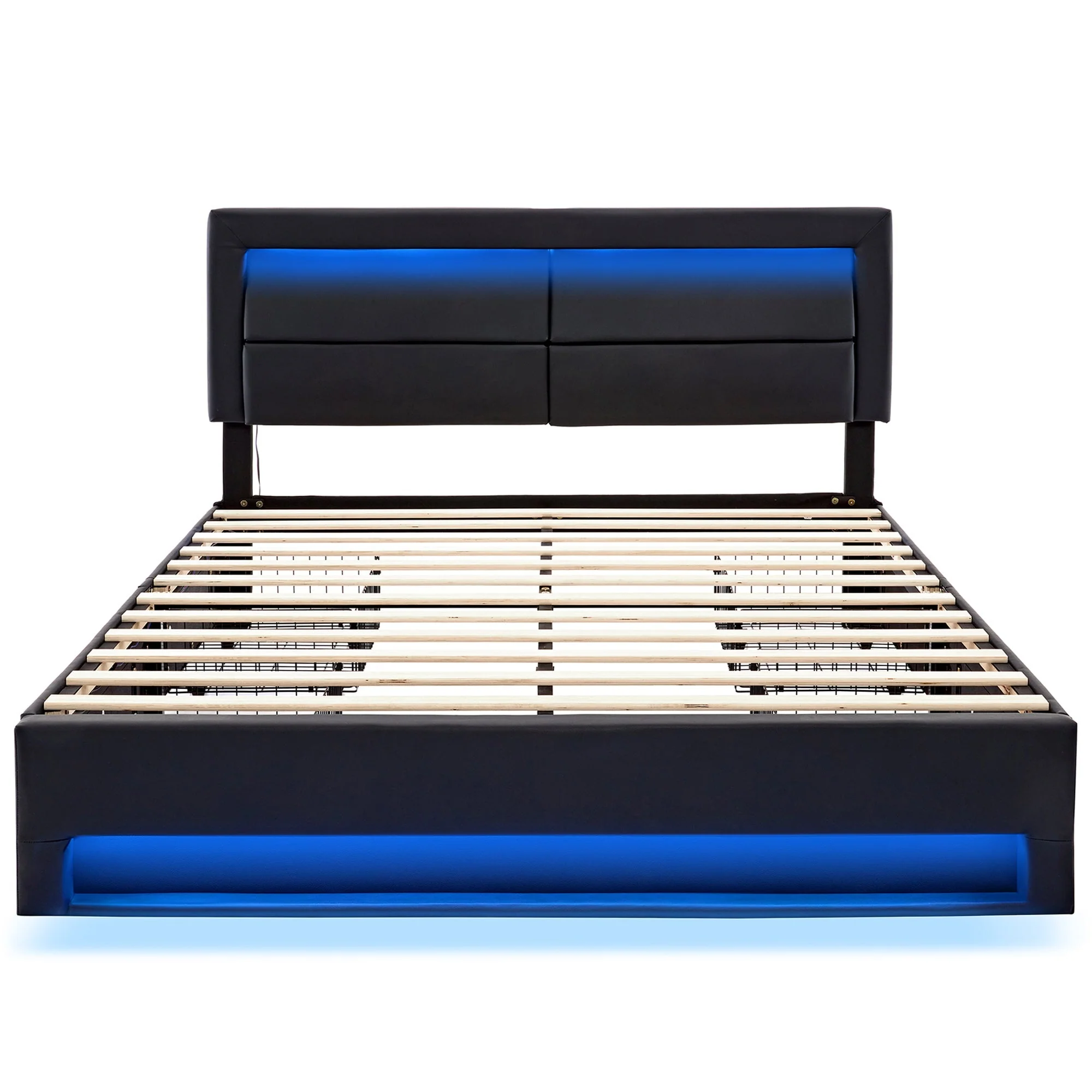Upholstered Bed 160x200cm with USB Charging, LED Lighting and 4 Drawers, Black PU Lychee Pattern - Image 9