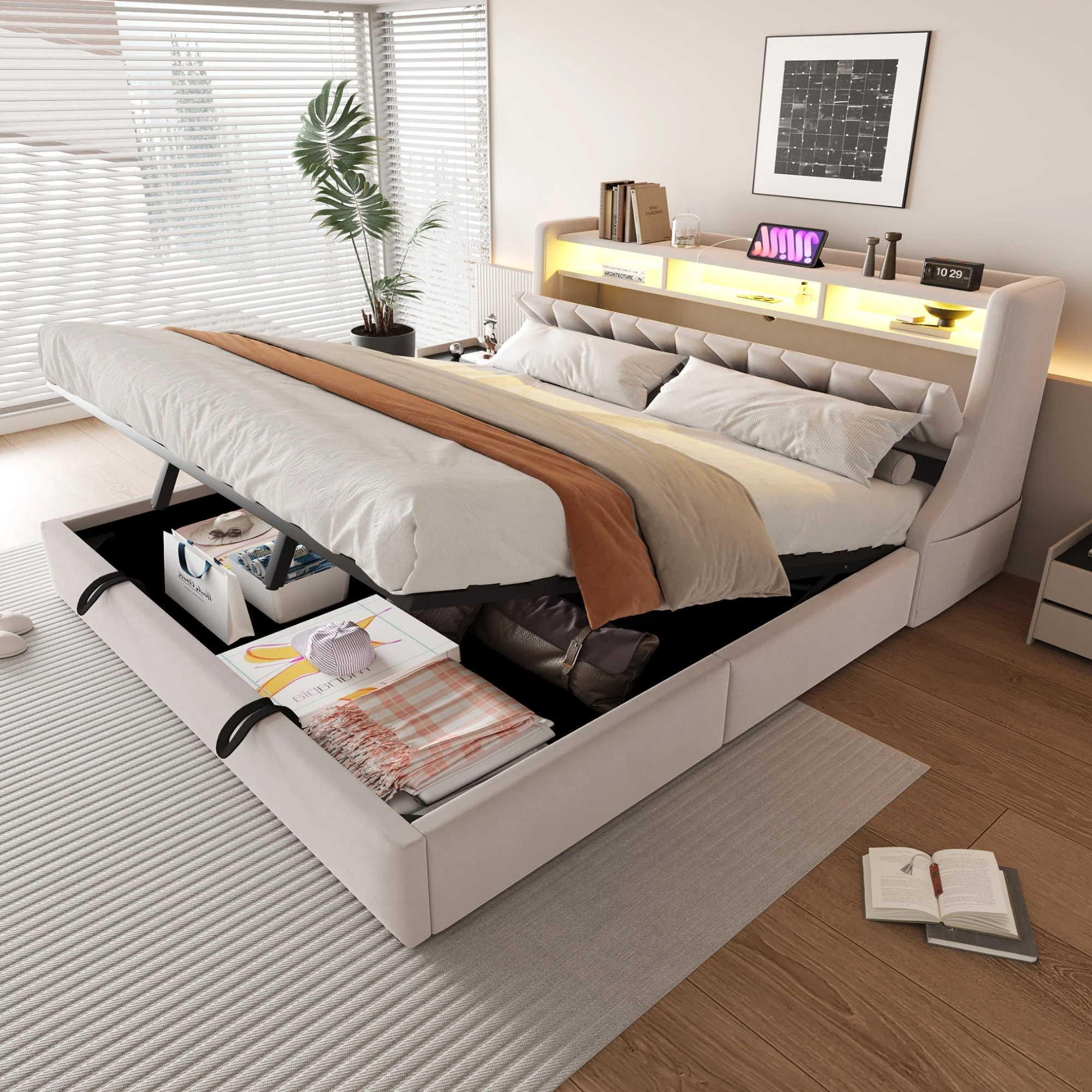Upholstered Bed 180 x 200 cm, Hydraulic Storage with Fold-Down Headboard and LED Lighting, Beige Velvet - Image 2