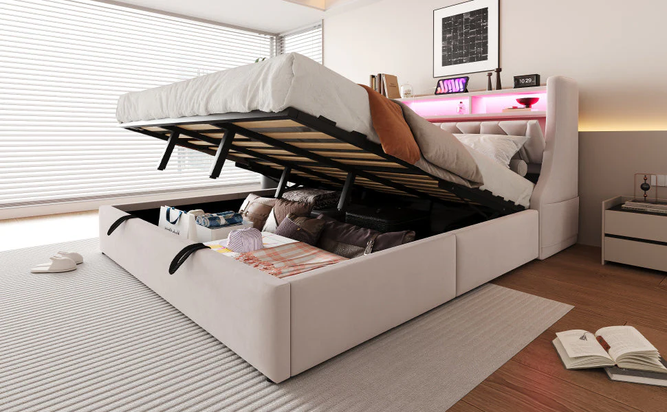 Upholstered Bed 180 x 200 cm, Hydraulic Storage with Fold-Down Headboard and LED Lighting, Beige Velvet - Image 6