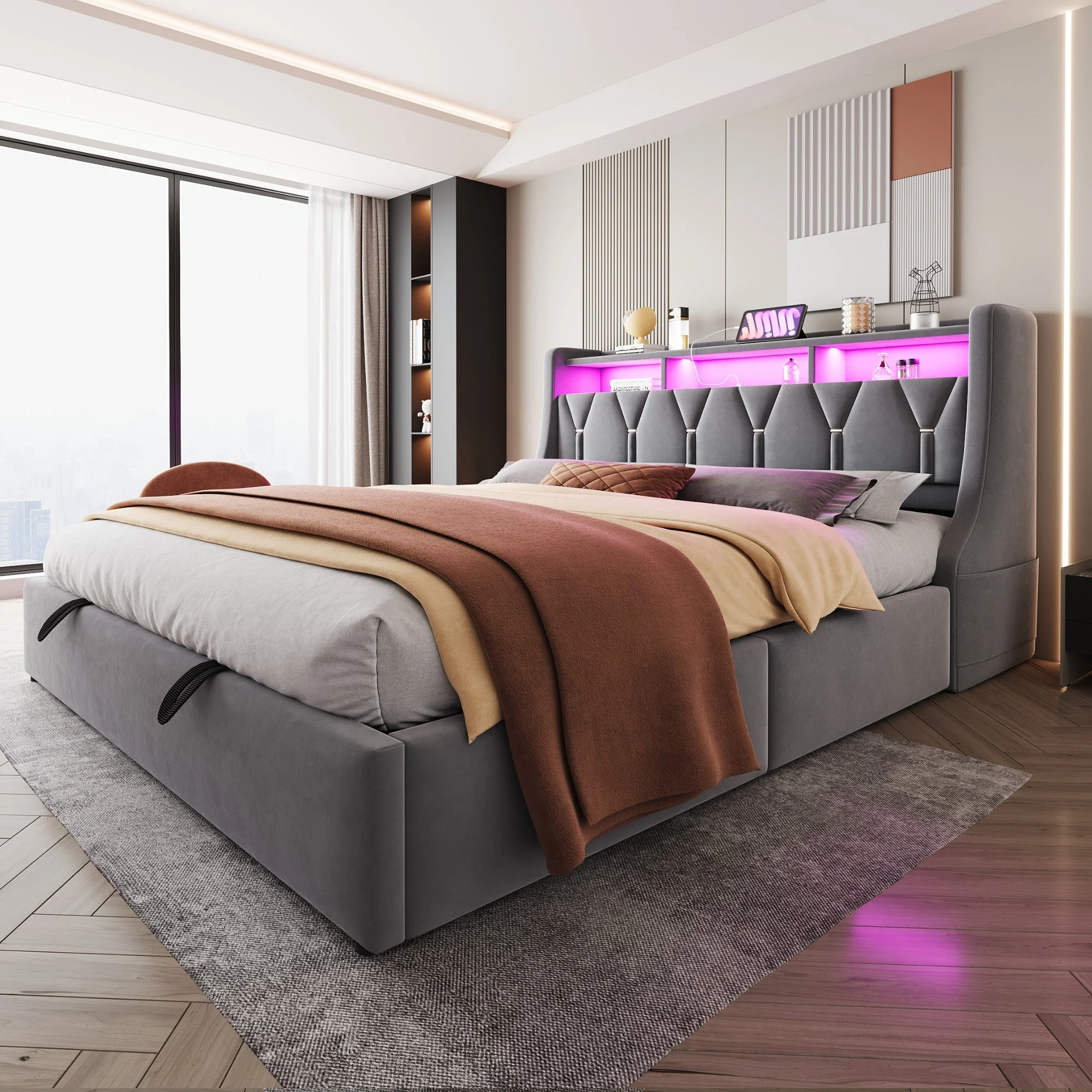 Upholstered Bed 180 x 200 cm with Hydraulic Storage and LED Lighting, Grey Velvet - Image 3
