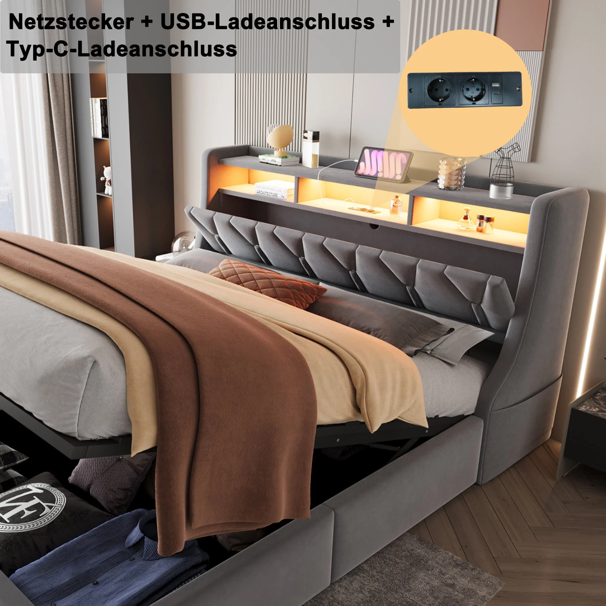 Upholstered Bed 180 x 200 cm with Hydraulic Storage and LED Lighting, Grey Velvet - Image 4