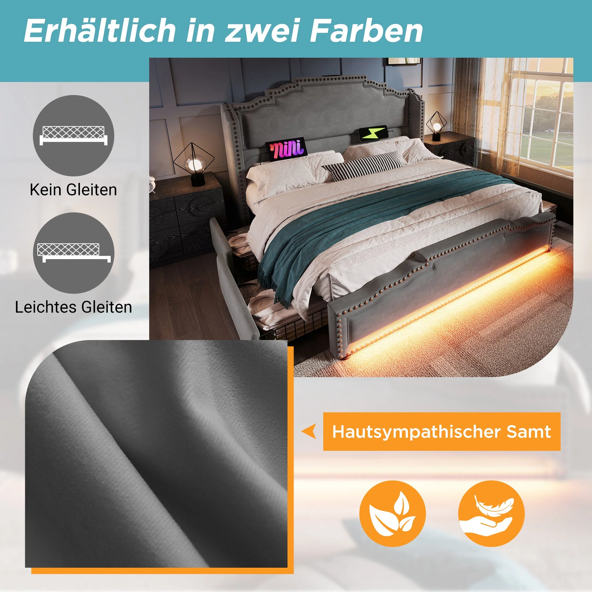 Upholstered Bed 180x200, 4 Drawers, LED, USB-C, Velvet Grey - Image 4