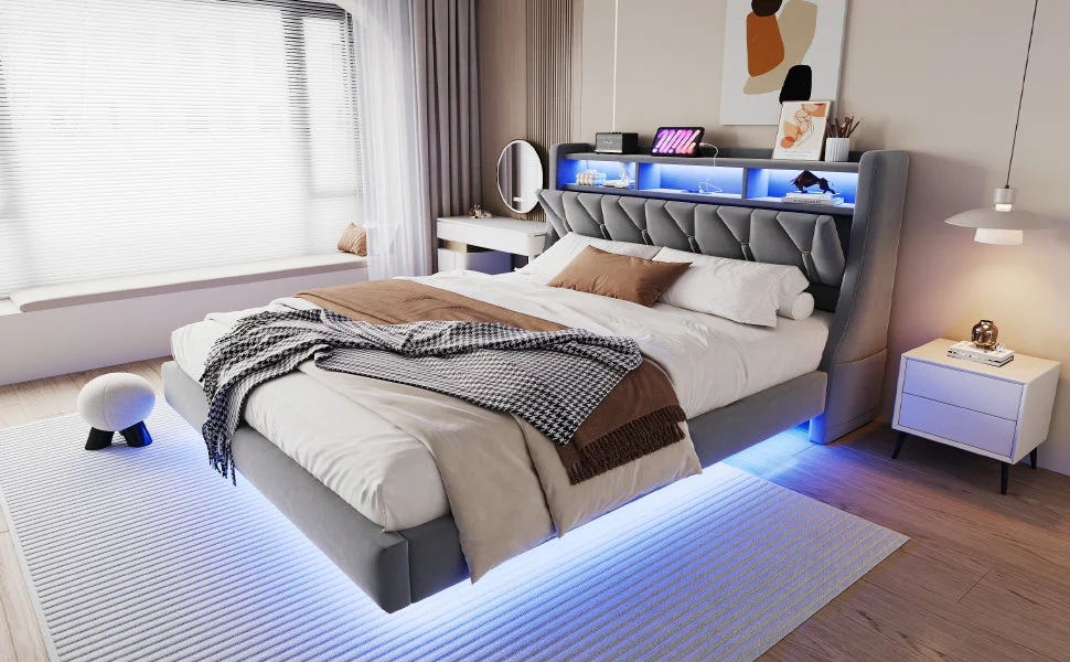 Upholstered Bed 180x200 cm, Fold-Down Headboard with Socket Storage & LED Lighting, Floating Design, Velvet Grey - Image 6