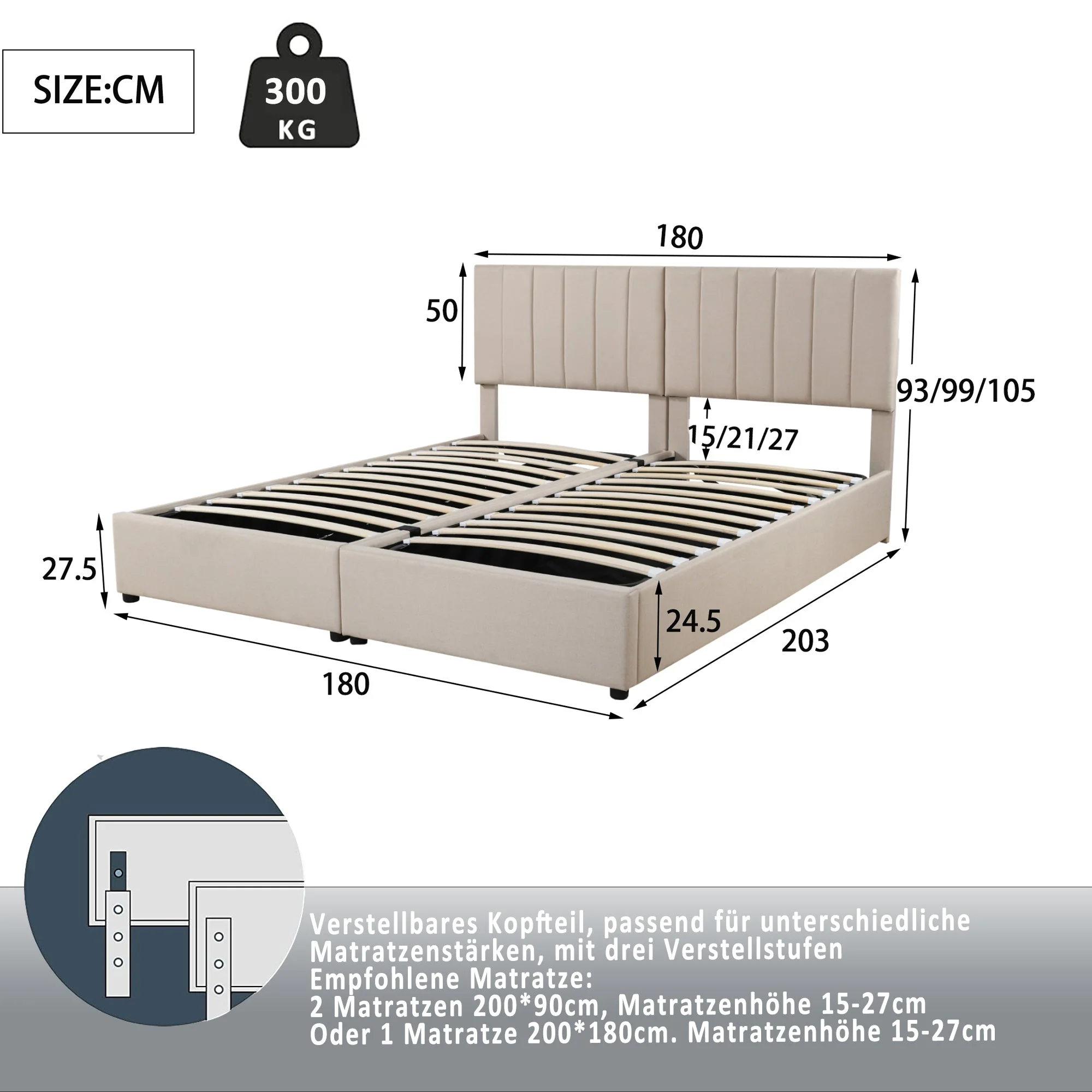 Upholstered Bed 180x200 cm Hydraulic Storage Multifunctional Beige Linen - Image 7