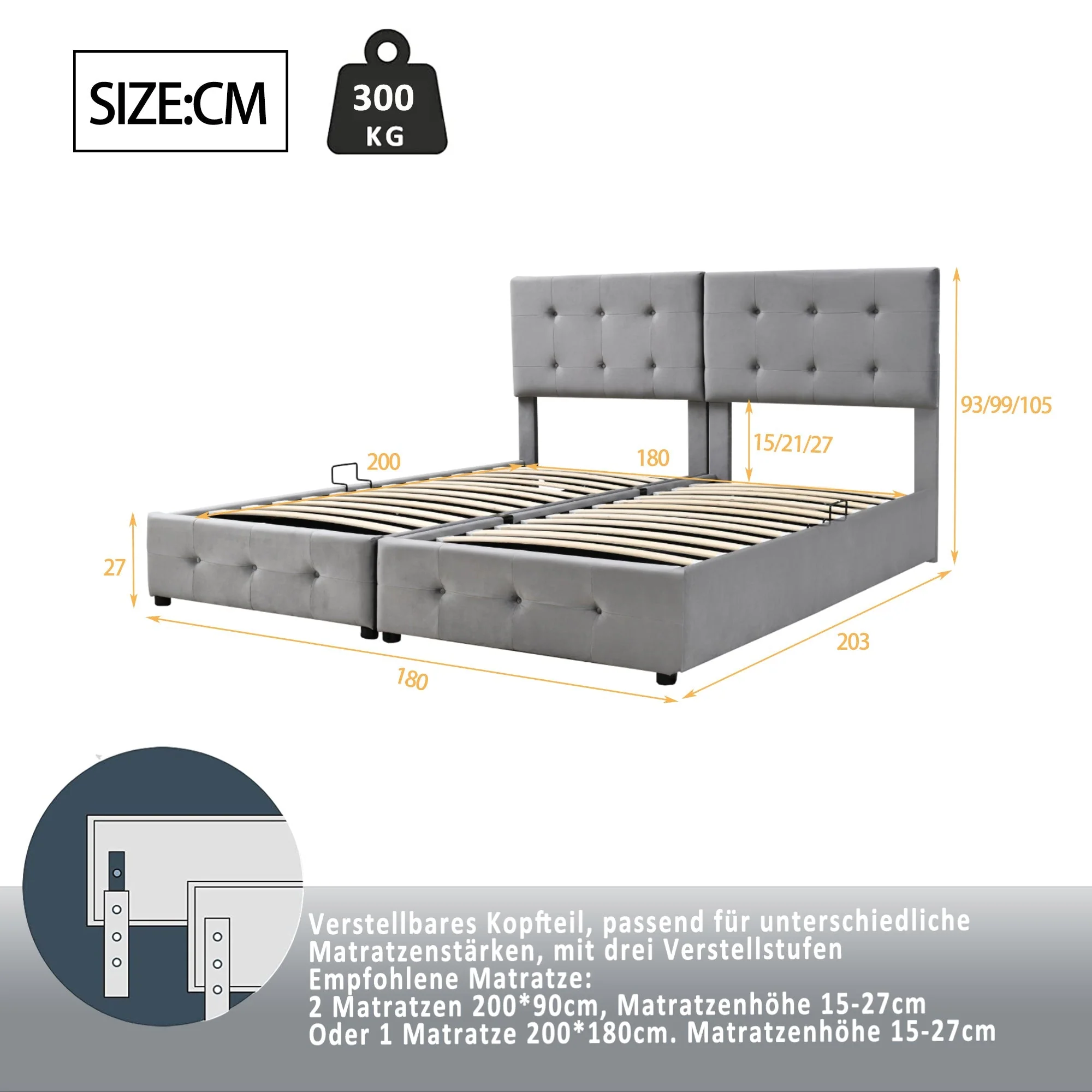 Upholstered Bed 180x200 cm, Hydraulic Storage Multifunctional Double, Velvet Grey - Image 10