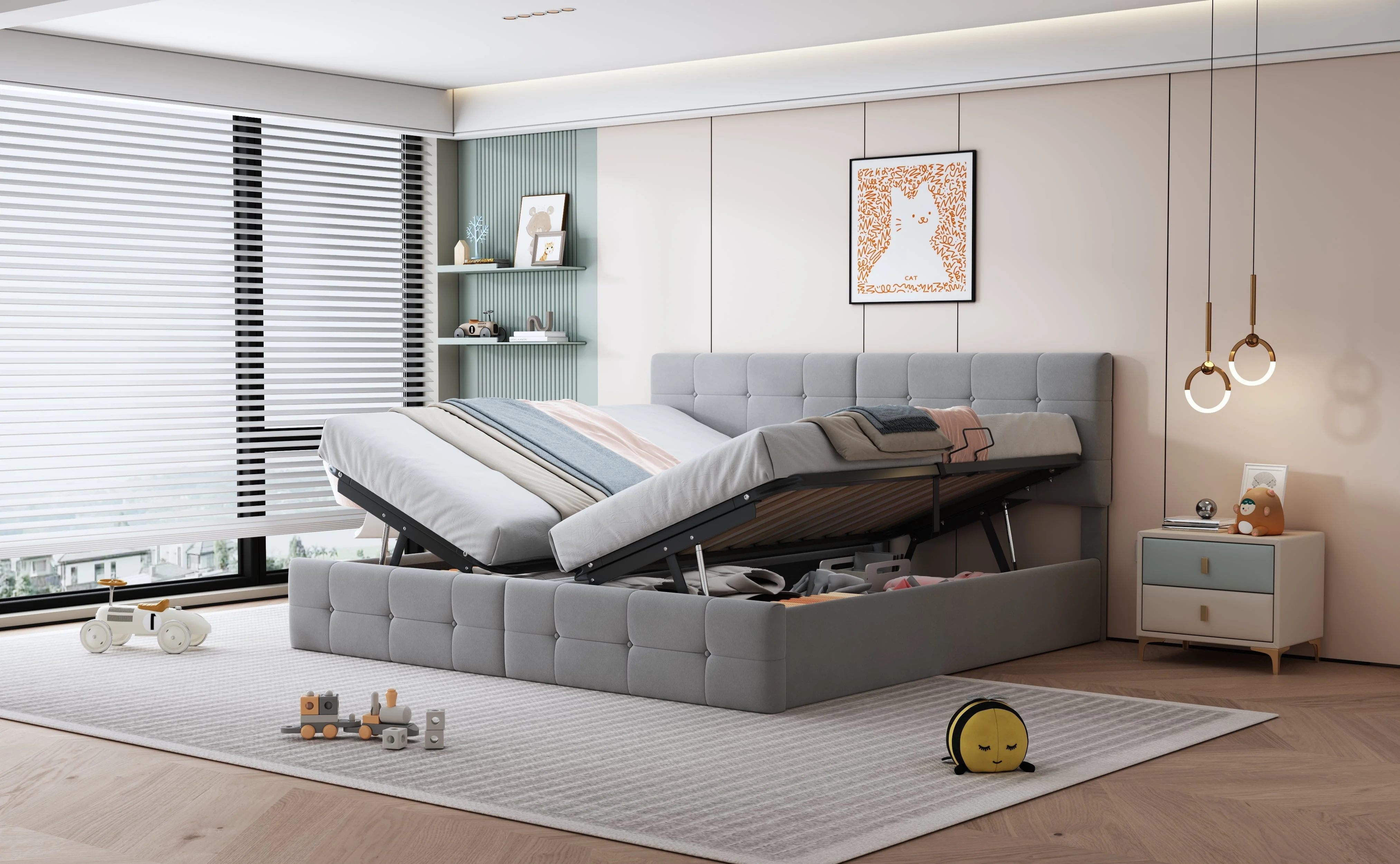 Upholstered Bed 180x200 cm, Hydraulic Storage Multifunctional Double, Velvet Grey - Image 6