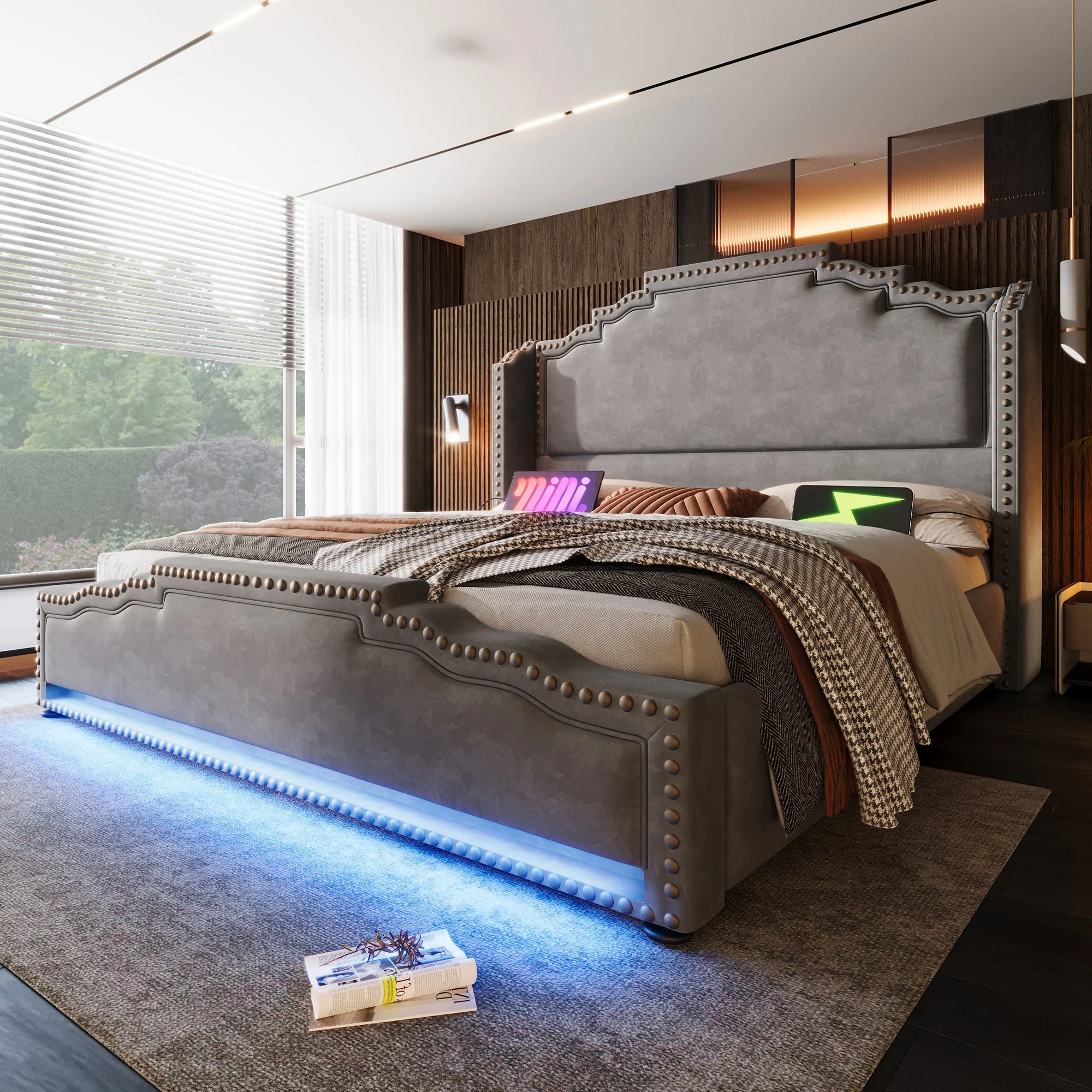 Upholstered Bed 180x200, Double Bed with 4 Drawers, LED and USB-C, Grey Velvet - Image 8