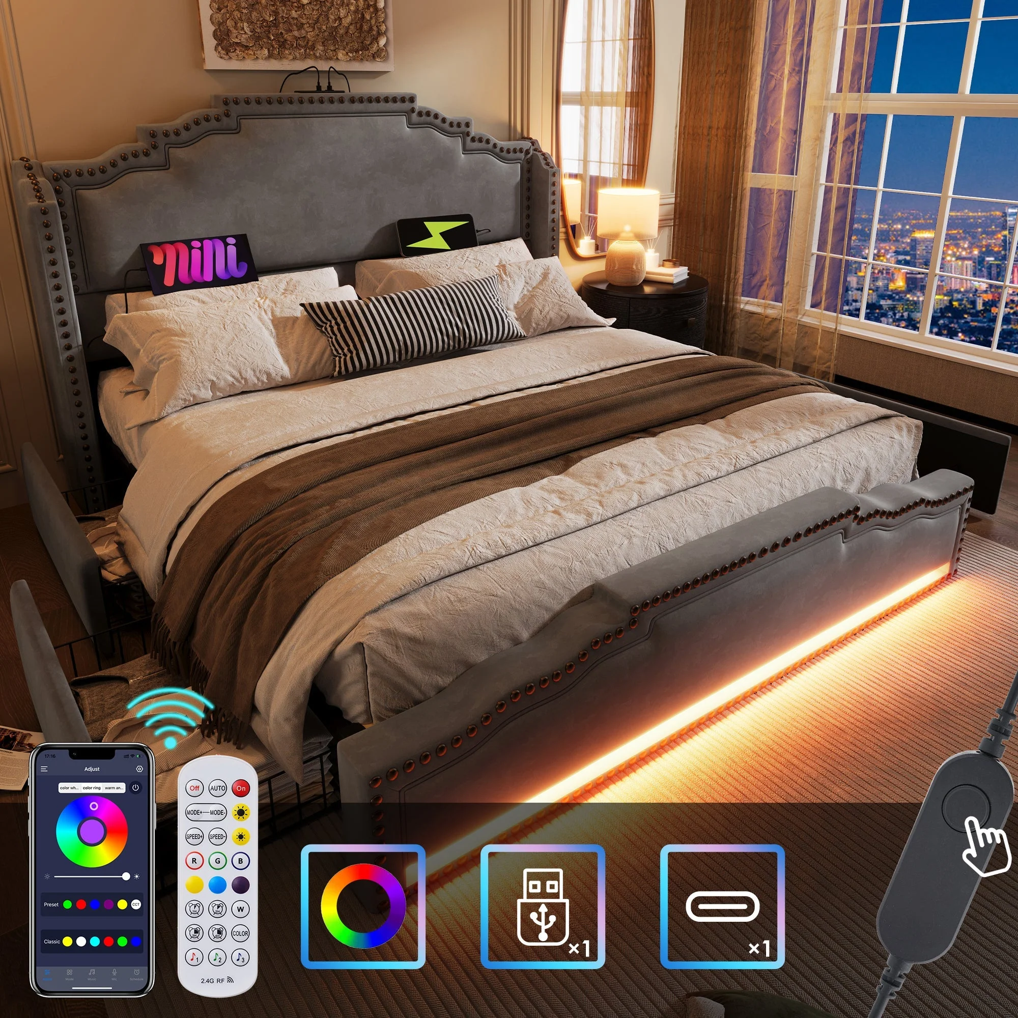 Upholstered Bed 180x200, Double Bed with 4 Drawers, LED and USB-C, Grey Velvet - Image 9