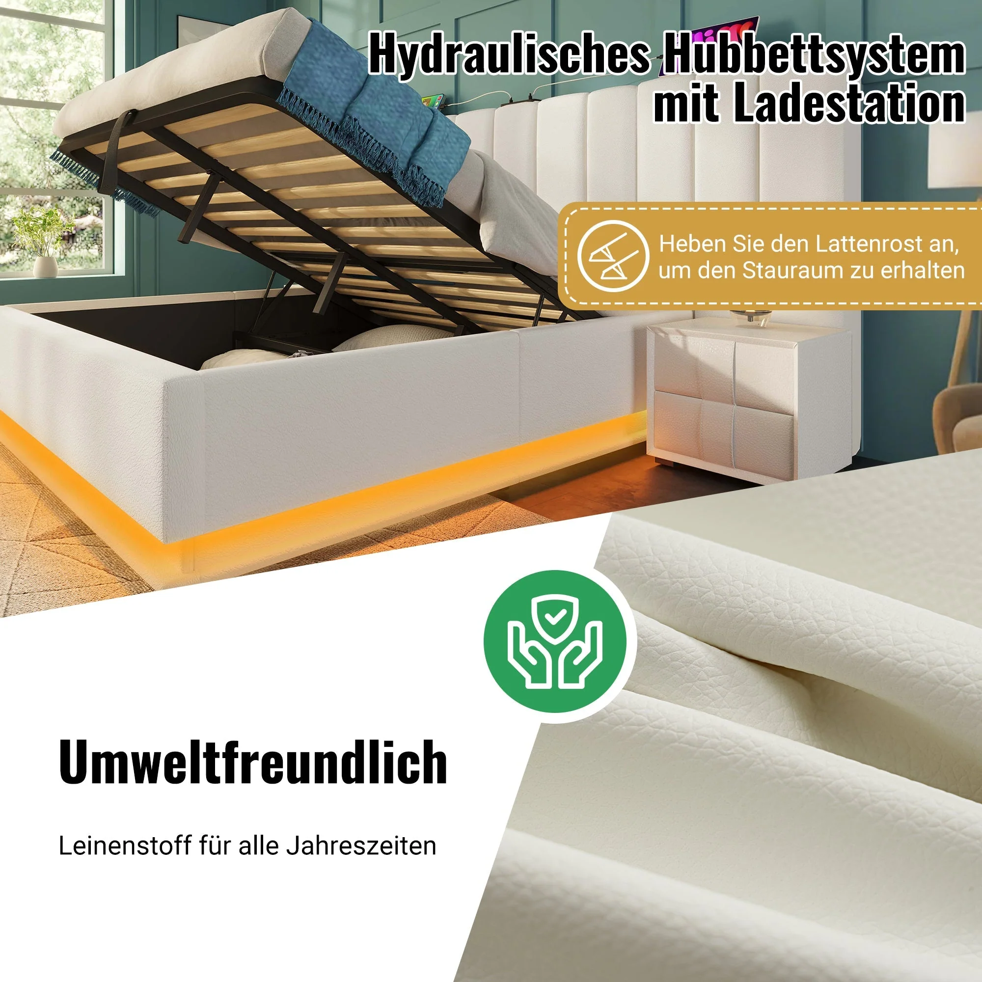Upholstered Bed 180x200 Double Storage with App Control LED & USB-C Charging, PU White - Image 6