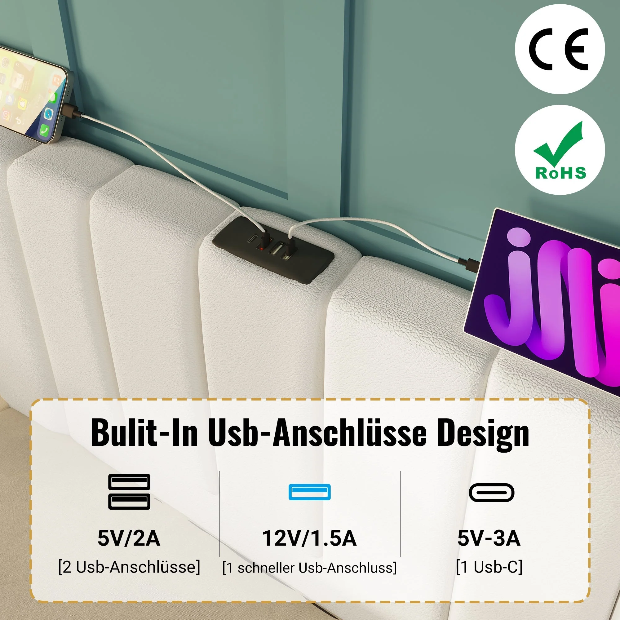 Upholstered Bed 180x200 Double Storage with App Control LED & USB-C Charging, PU White - Image 8
