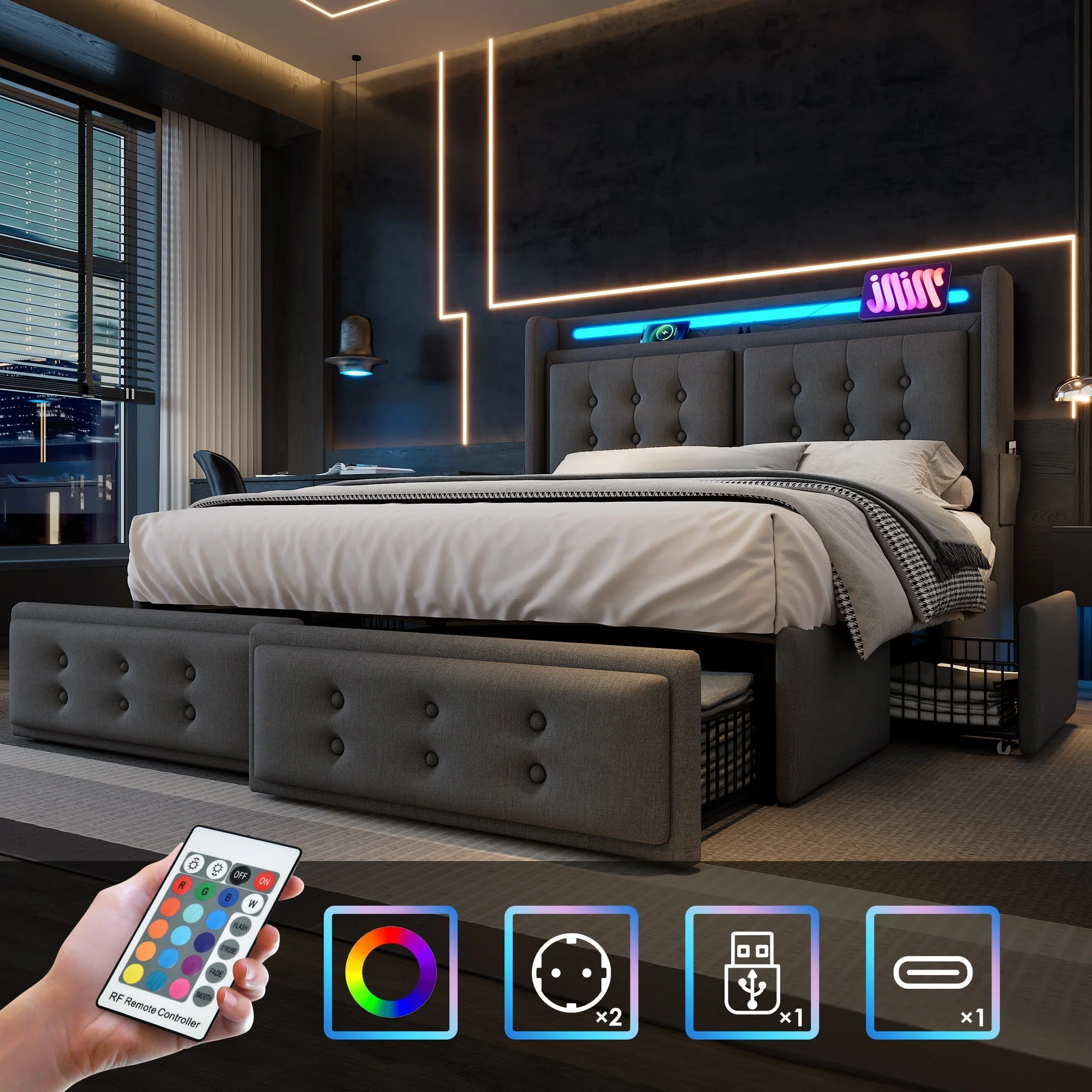 Upholstered Bed, 180x200 Double with LED Headboard, USB C Charging & 4 Drawers, Gray Cotton