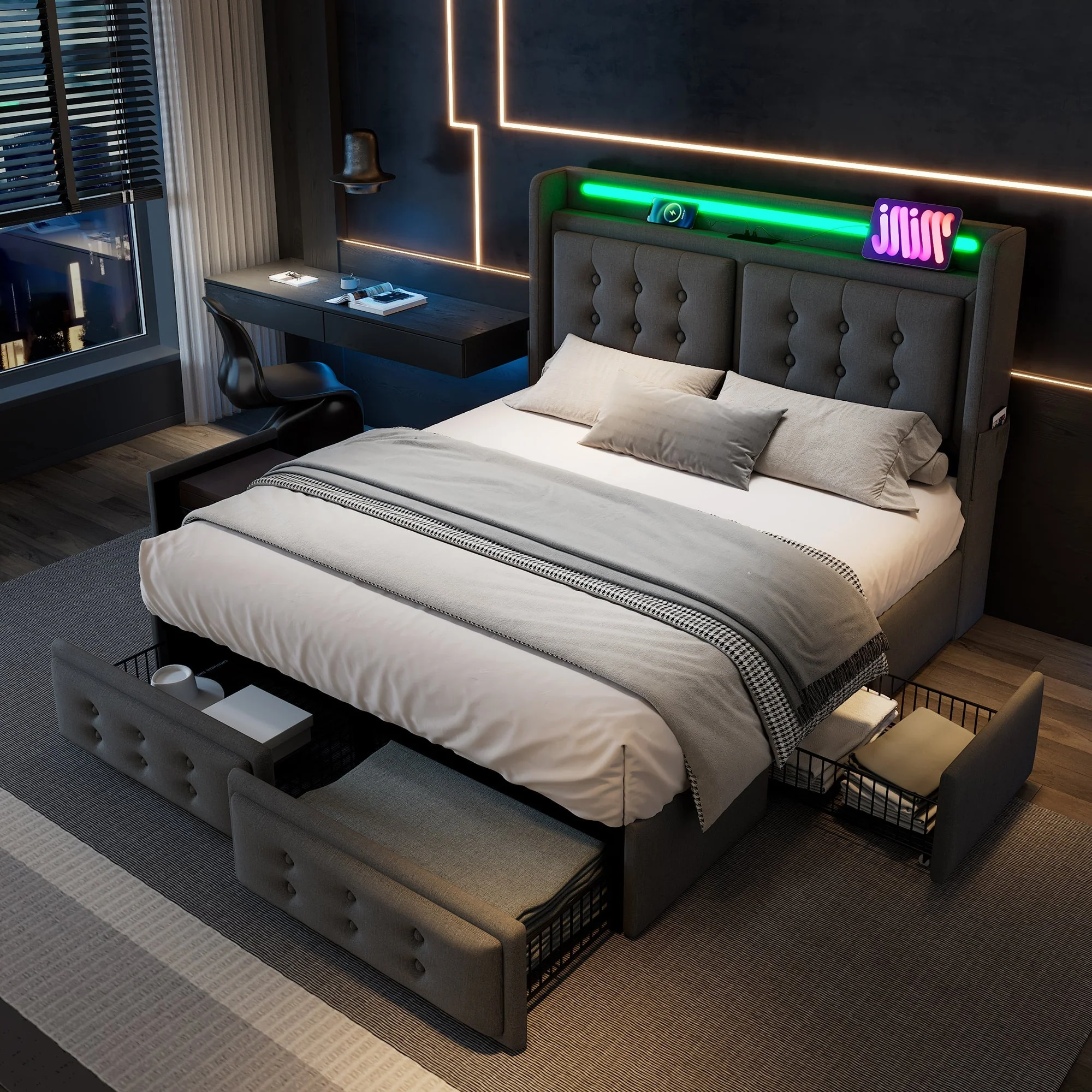 Upholstered Bed, 180x200 Double with LED Headboard, USB C Charging & 4 Drawers, Gray Cotton - Image 8