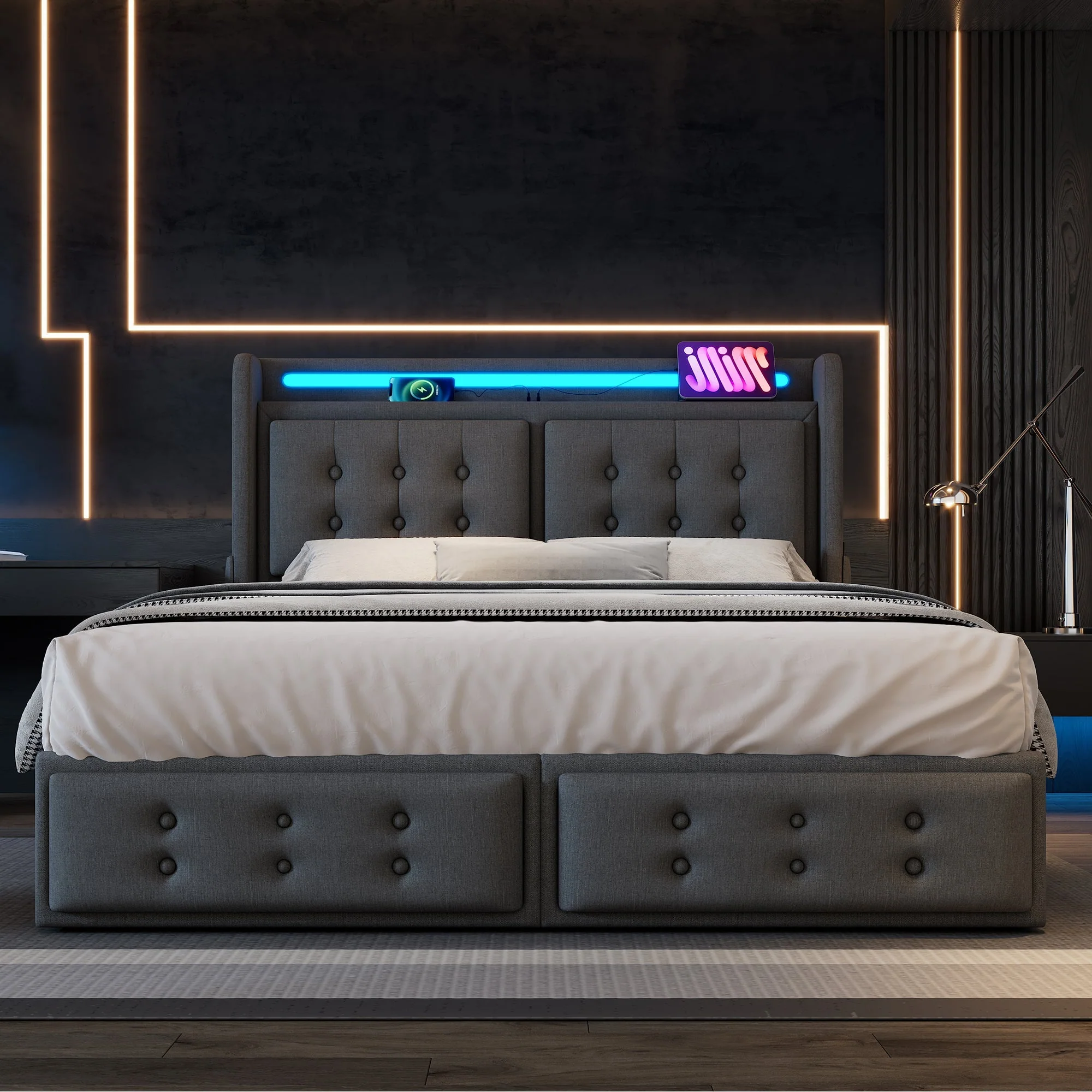 Upholstered Bed, 180x200 Double with LED Headboard, USB C Charging & 4 Drawers, Gray Cotton - Image 9