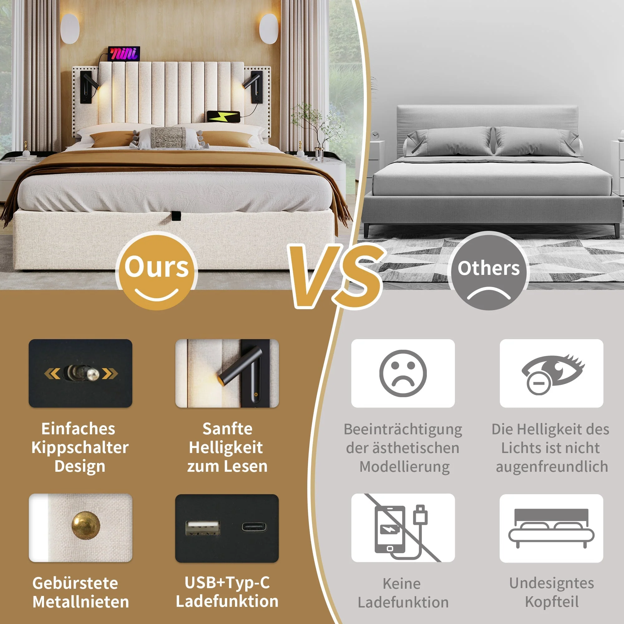 Upholstered Bed, 180x200 Double with Storage, USB Reading Light & Rivet Headboard, Beige Cotton - Image 3